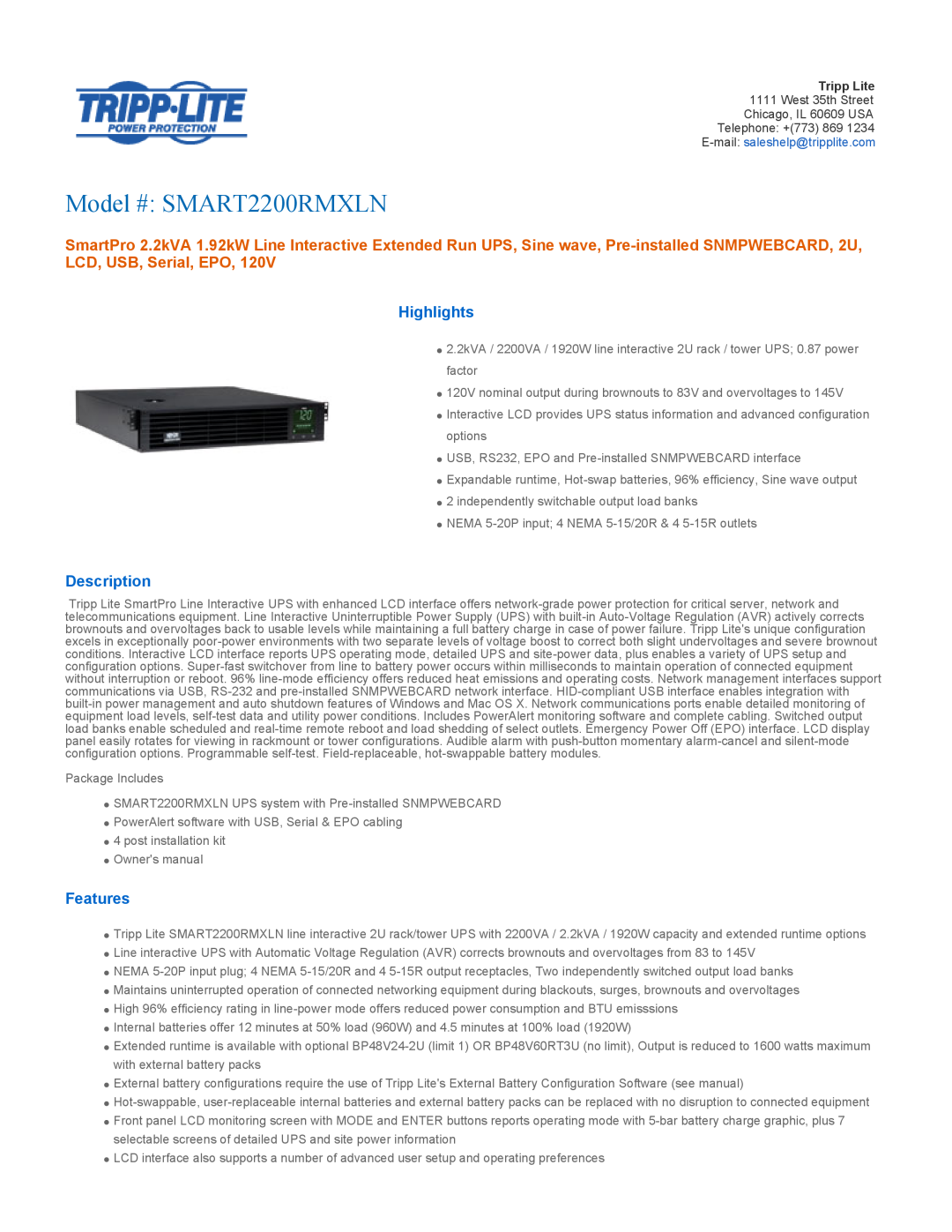 Tripp Lite owner manual Highlights, Description, Features, Model # SMART2200RMXLN 