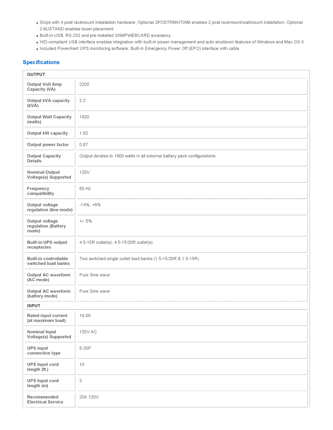 Tripp Lite SMART2200RMXLN owner manual Specifications, Output, Input 