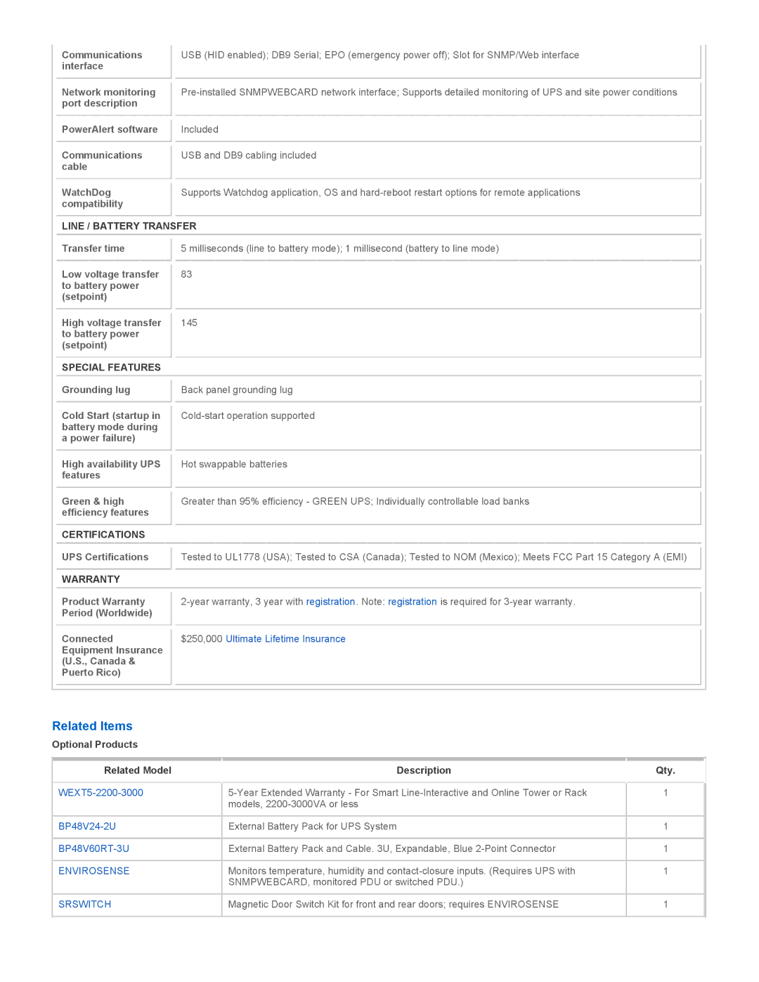 Tripp Lite SMART2200RMXLN owner manual Related Items, Line / Battery Transfer, Special Features, Certifications, Warranty 