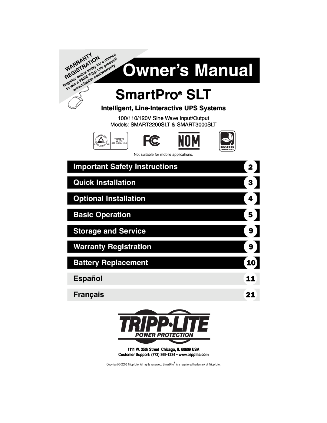 Tripp Lite SMART3000SLT owner manual Important Safety Instructions, Quick Installation, Optional Installation, Español 