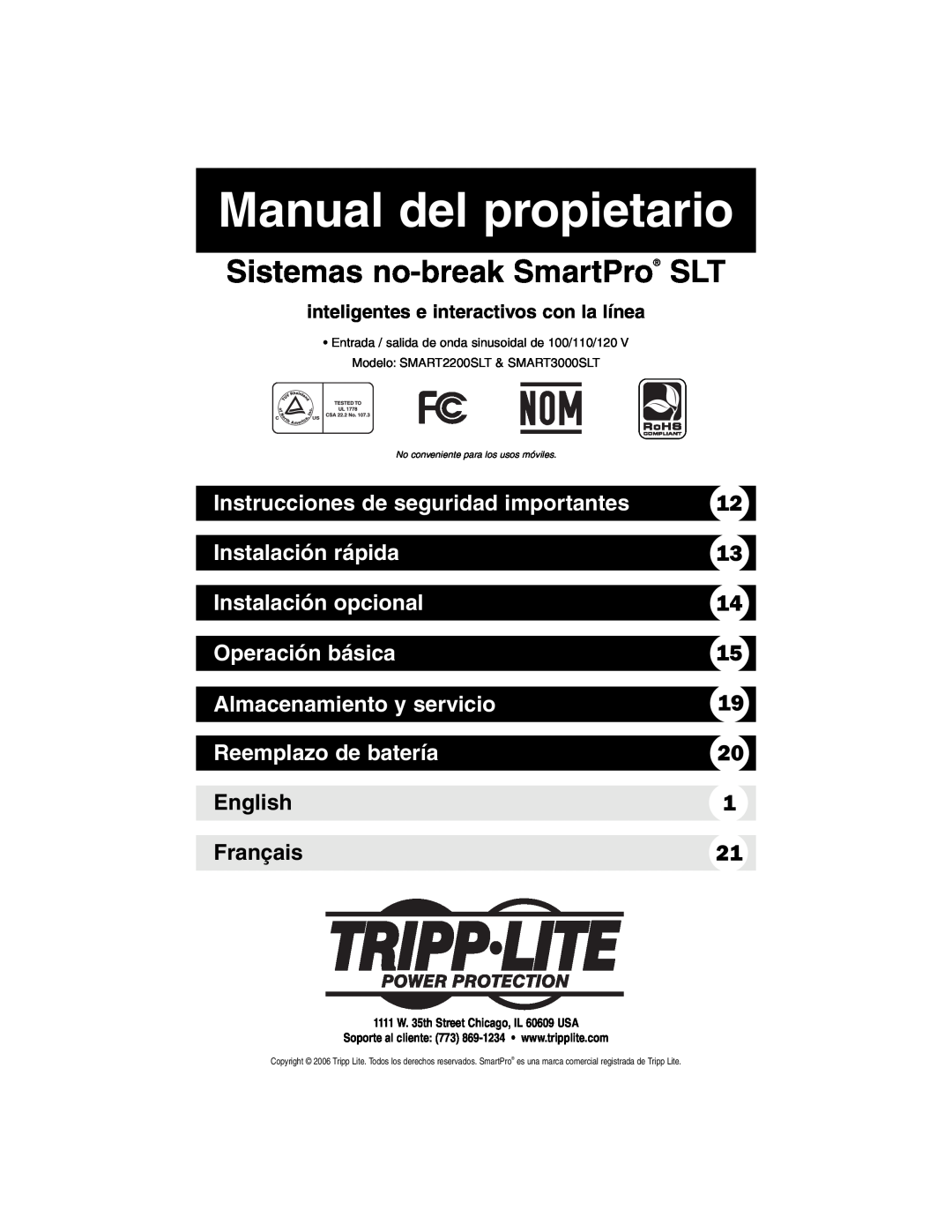 Tripp Lite SMART3000SLT Manual del propietario, Instrucciones de seguridad importantes, Instalación rápida, English 