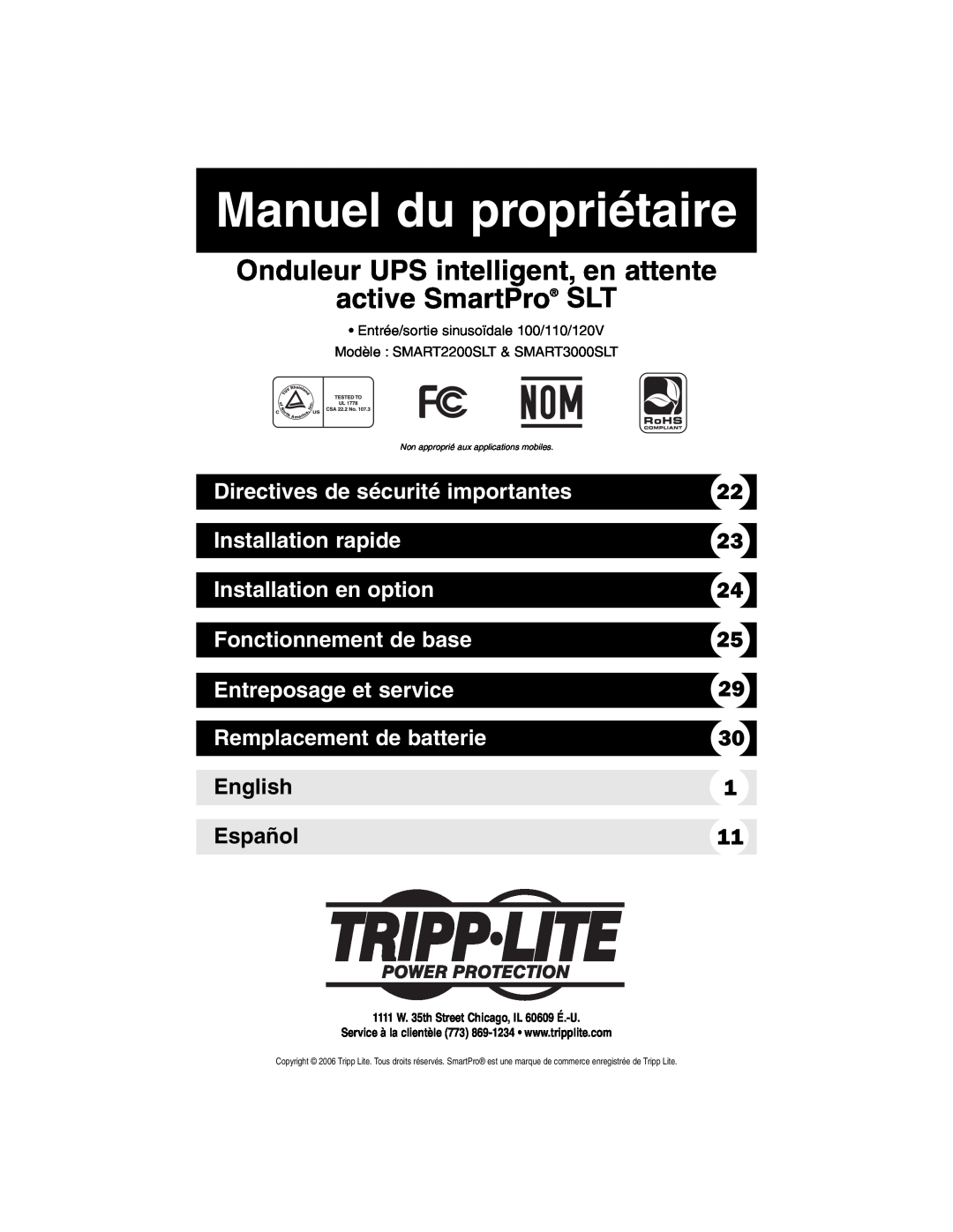 Tripp Lite SMART3000SLT Manuel du propriétaire, Directives de sécurité importantes, Installation rapide, English, Español 