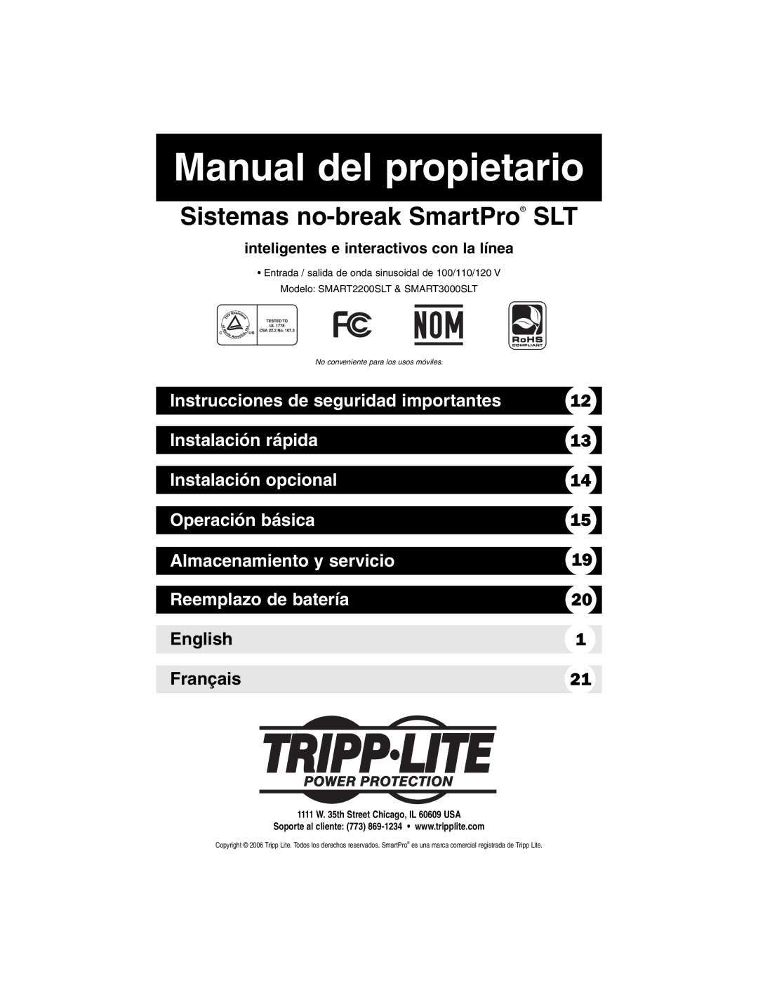 Tripp Lite SMART3000SLT, SMART2200SLT owner manual Manual del propietario, Inteligentes e interactivos con la línea 