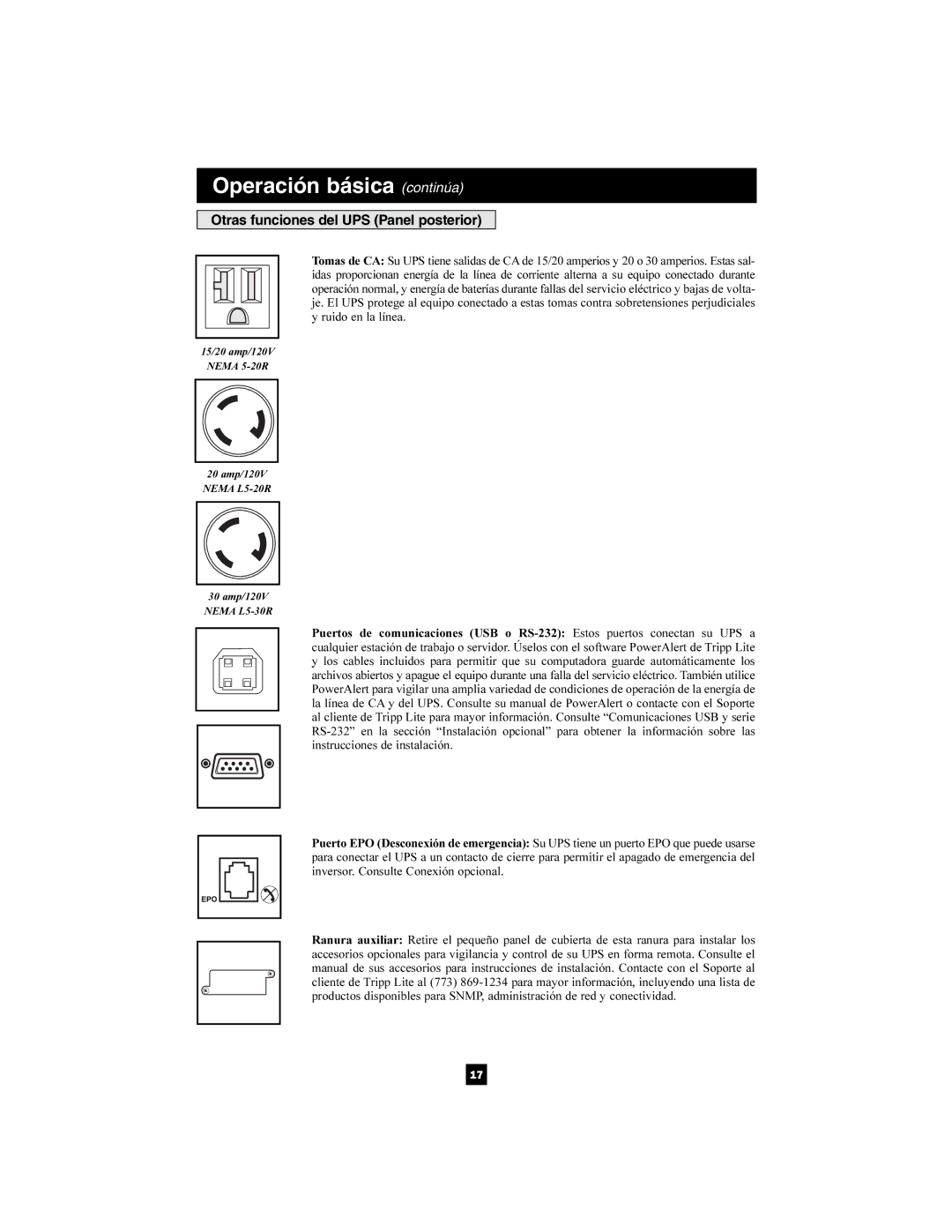 Tripp Lite SMART3000SLT, SMART2200SLT owner manual Otras funciones del UPS Panel posterior 