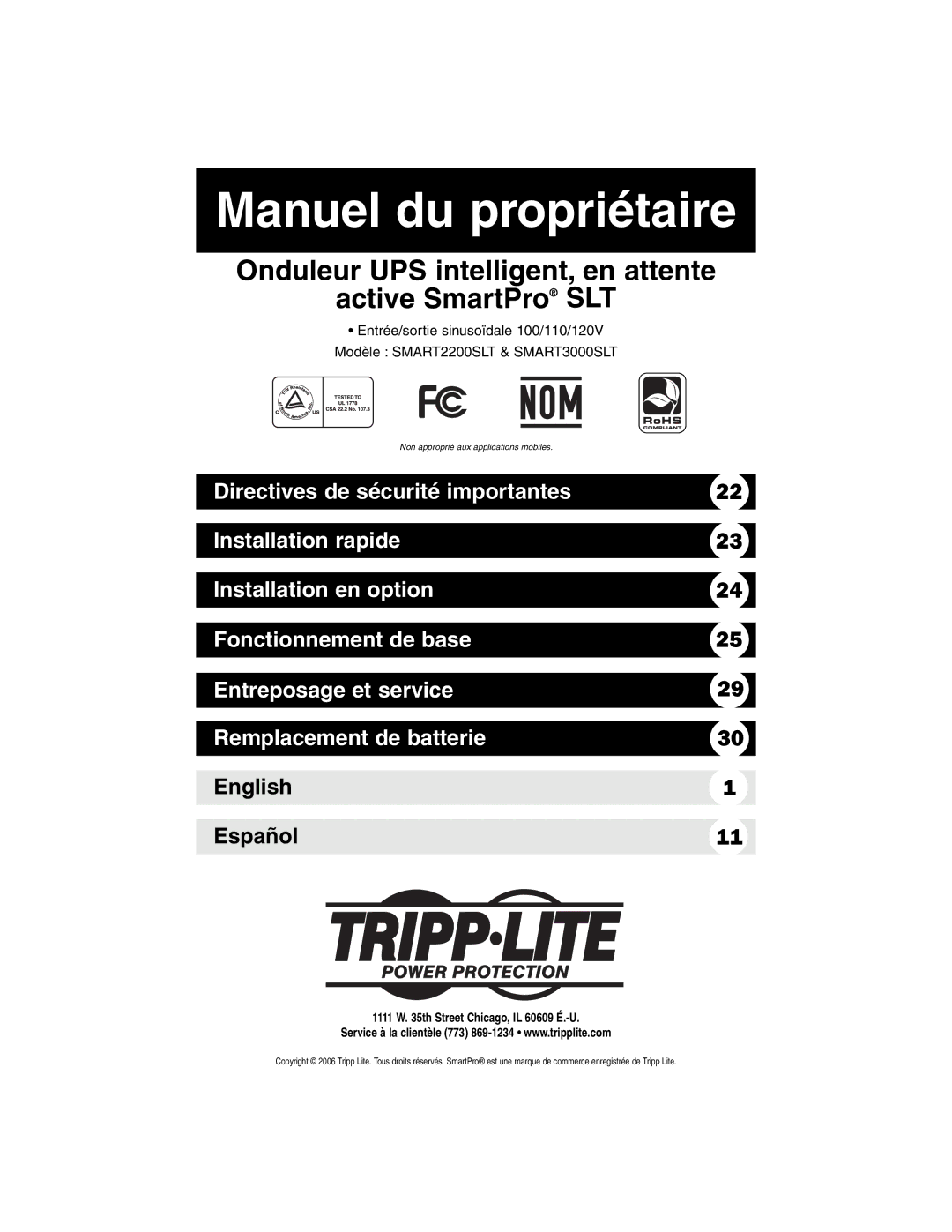 Tripp Lite SMART3000SLT, SMART2200SLT owner manual Manuel du propriétaire 