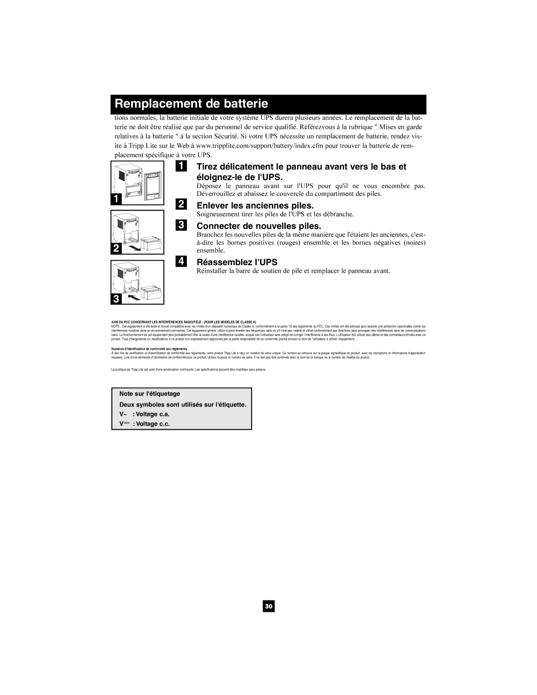 Tripp Lite SMART2200SLT, SMART3000SLT Enlever les anciennes piles, Connecter de nouvelles piles, Réassemblez lUPS 