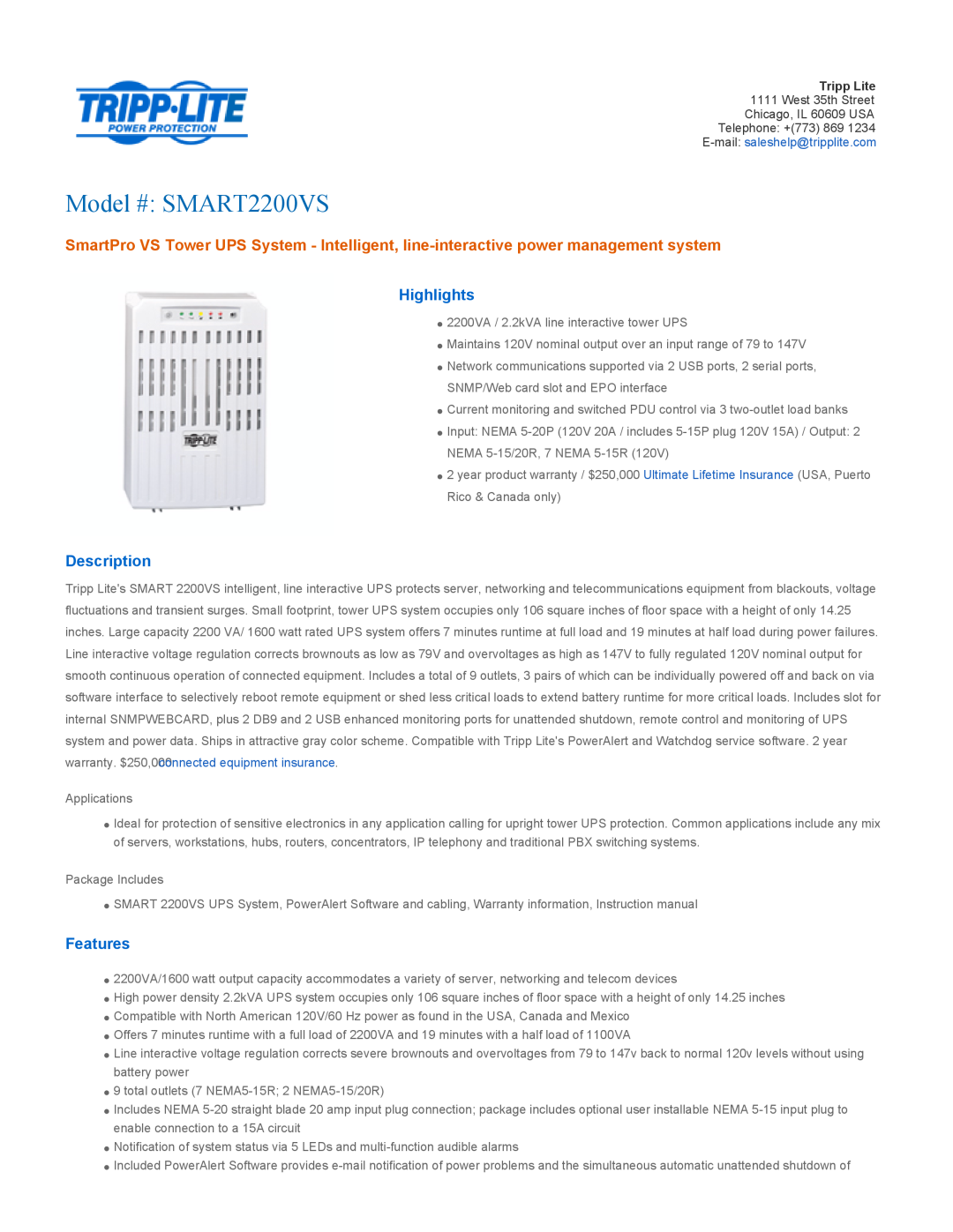 Tripp Lite warranty Highlights, Description, Features, Model # SMART2200VS 