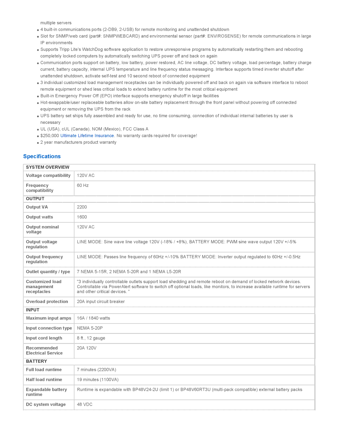 Tripp Lite SMART2200VSXL warranty Specifications, System Overview, Output, Input, Battery 