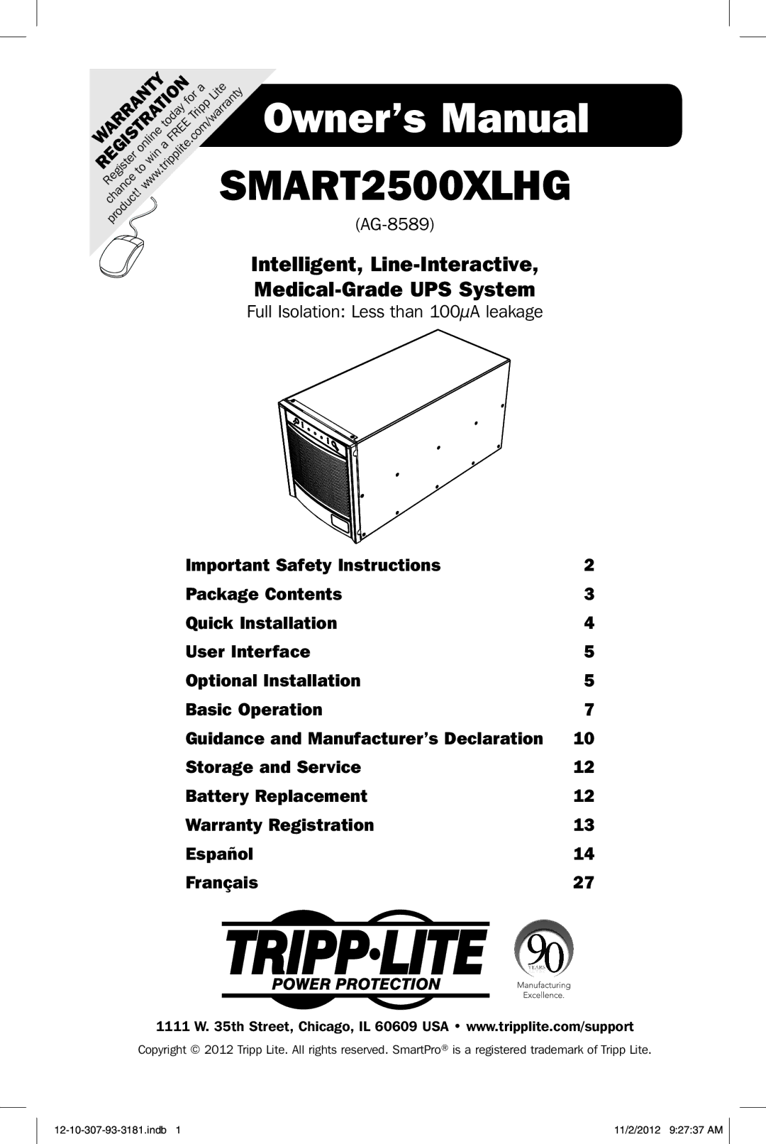 Tripp Lite SMART2500XLHG owner manual Intelligent, Line-Interactive Medical-Grade UPS System 