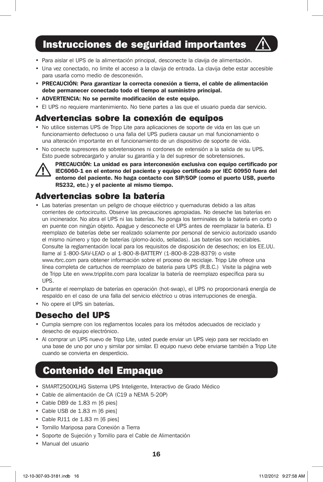 Tripp Lite SMART2500XLHG Contenido del Empaque, Advertencias sobre la conexión de equipos, Advertencias sobre la batería 