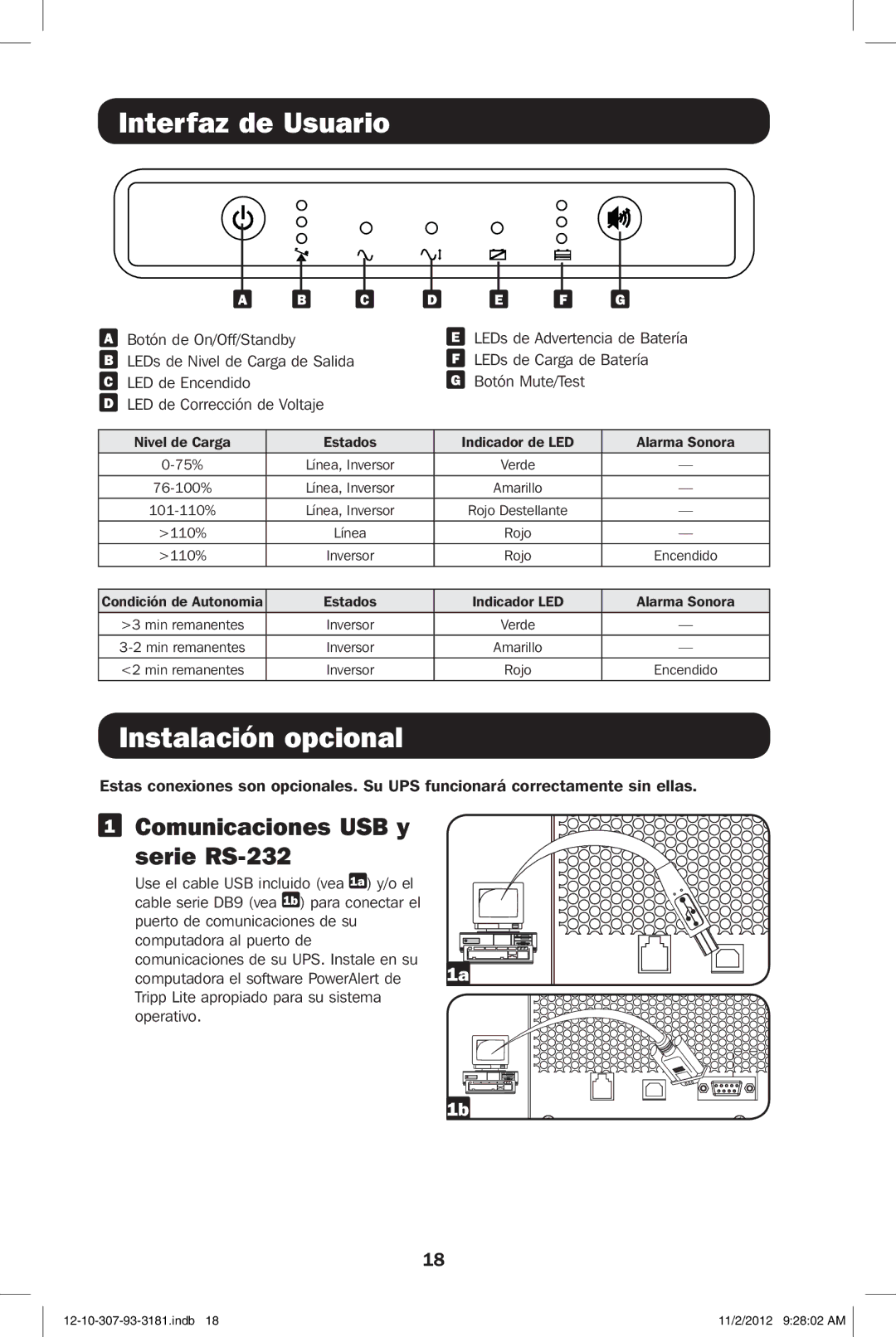 Tripp Lite SMART2500XLHG owner manual Interfaz de Usuario, Instalación opcional, Comunicaciones USB y serie RS-232 