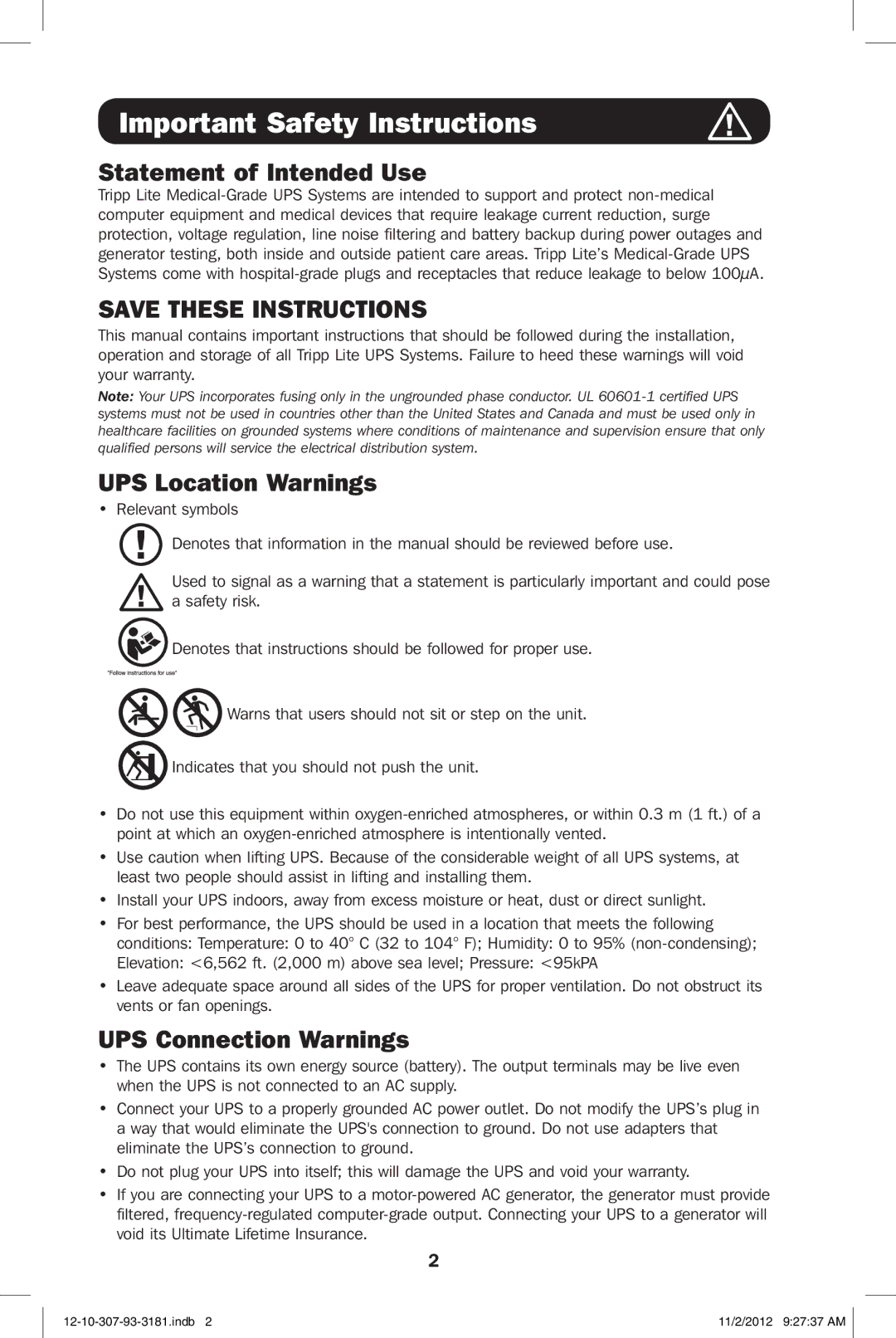 Tripp Lite SMART2500XLHG owner manual Important Safety Instructions, Statement of Intended Use, UPS Location Warnings 