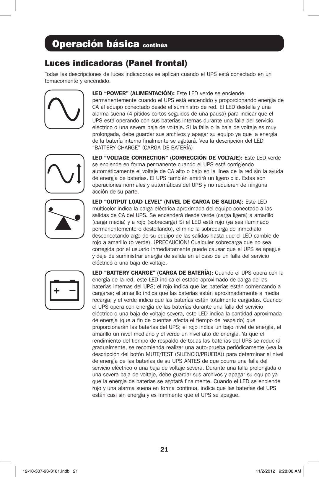 Tripp Lite SMART2500XLHG owner manual Operación básica continúa, Luces indicadoras Panel frontal 