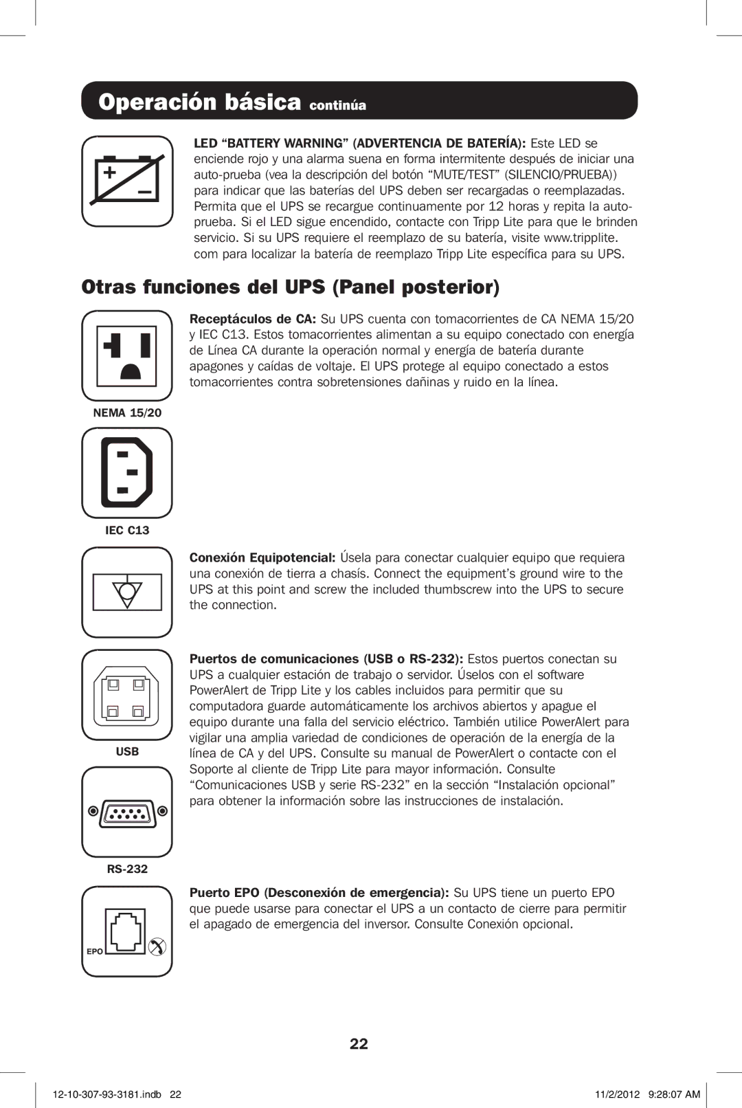 Tripp Lite SMART2500XLHG owner manual Otras funciones del UPS Panel posterior 