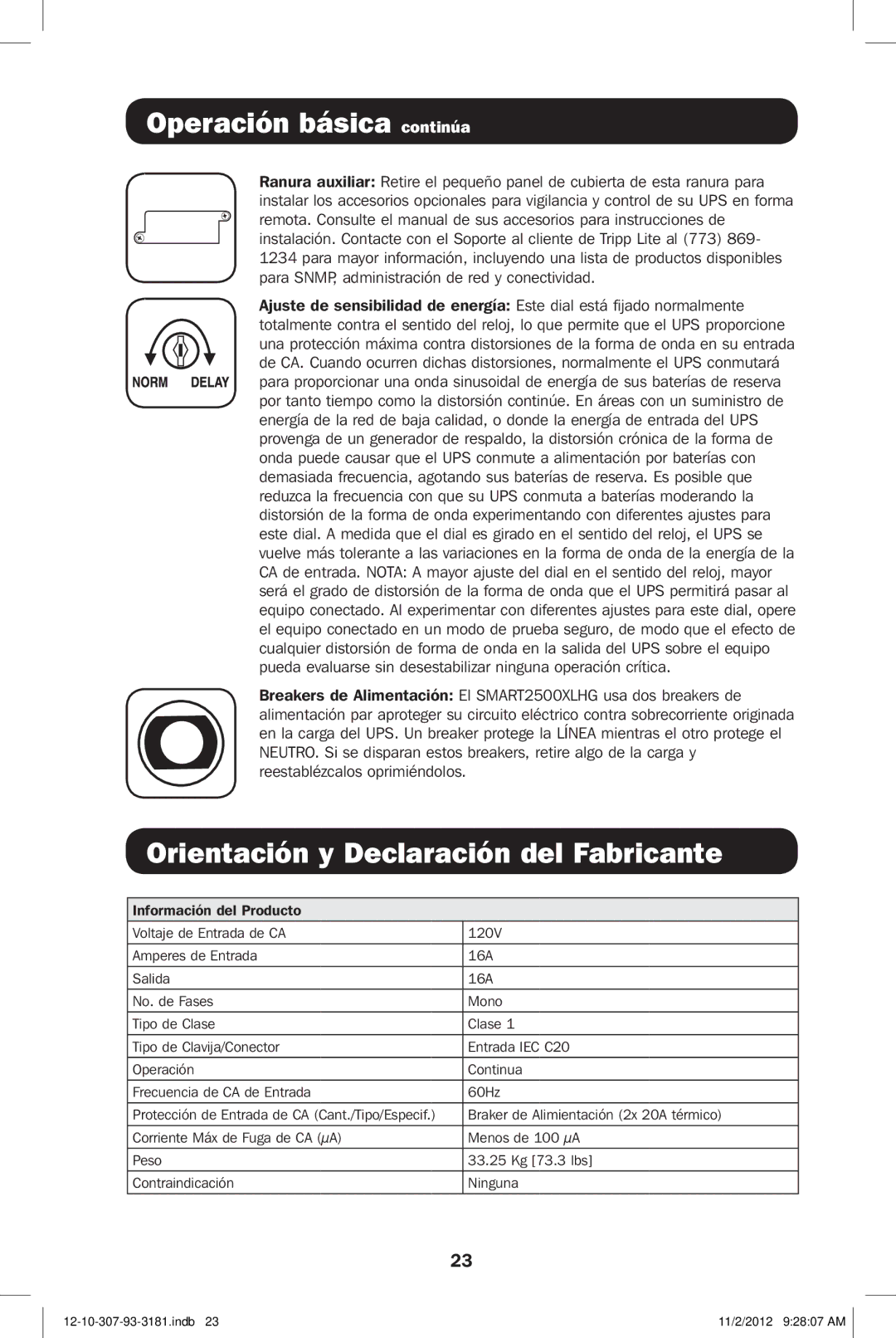 Tripp Lite SMART2500XLHG owner manual Orientación y Declaración del Fabricante 