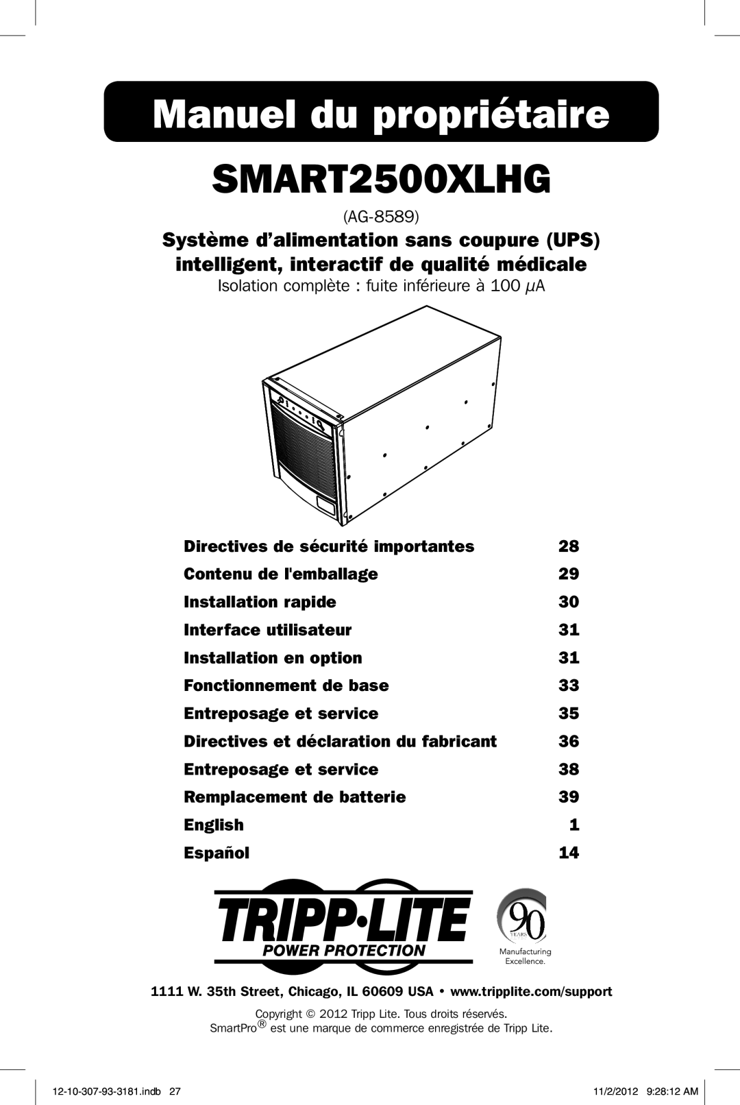 Tripp Lite SMART2500XLHG owner manual Manuel du propriétaire 