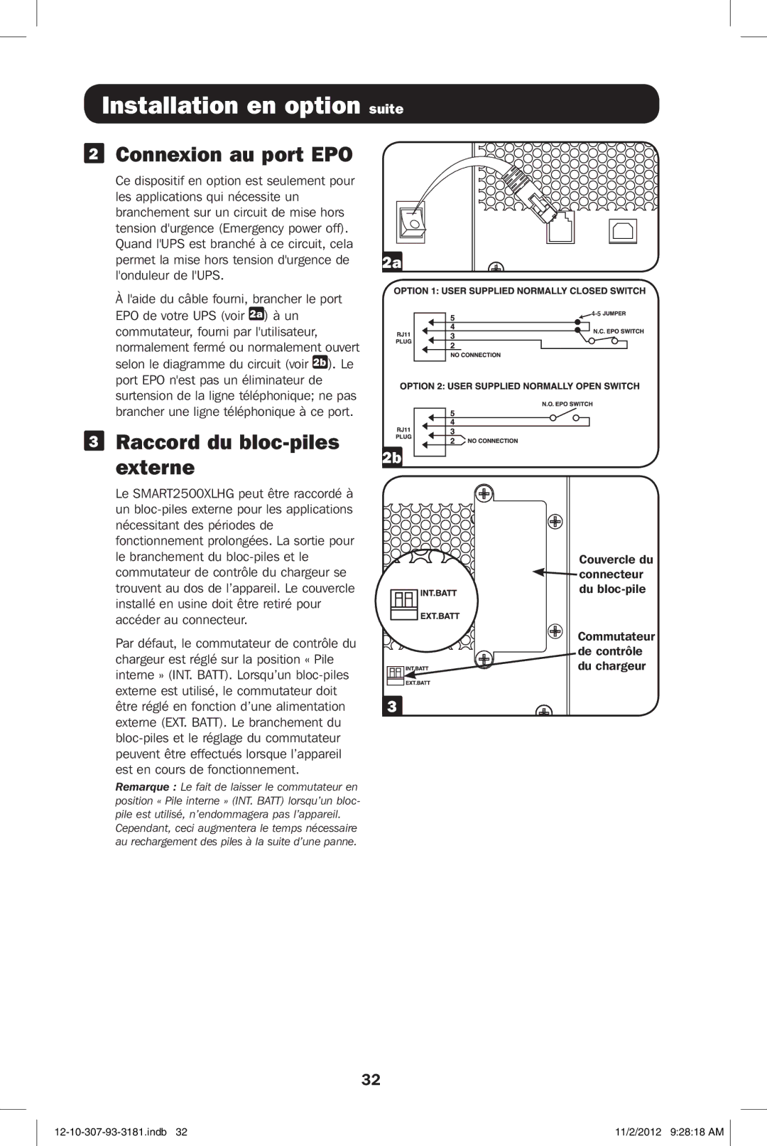 Tripp Lite SMART2500XLHG owner manual Installation en option suite, Connexion au port EPO, Raccord du bloc-piles Externe2b 