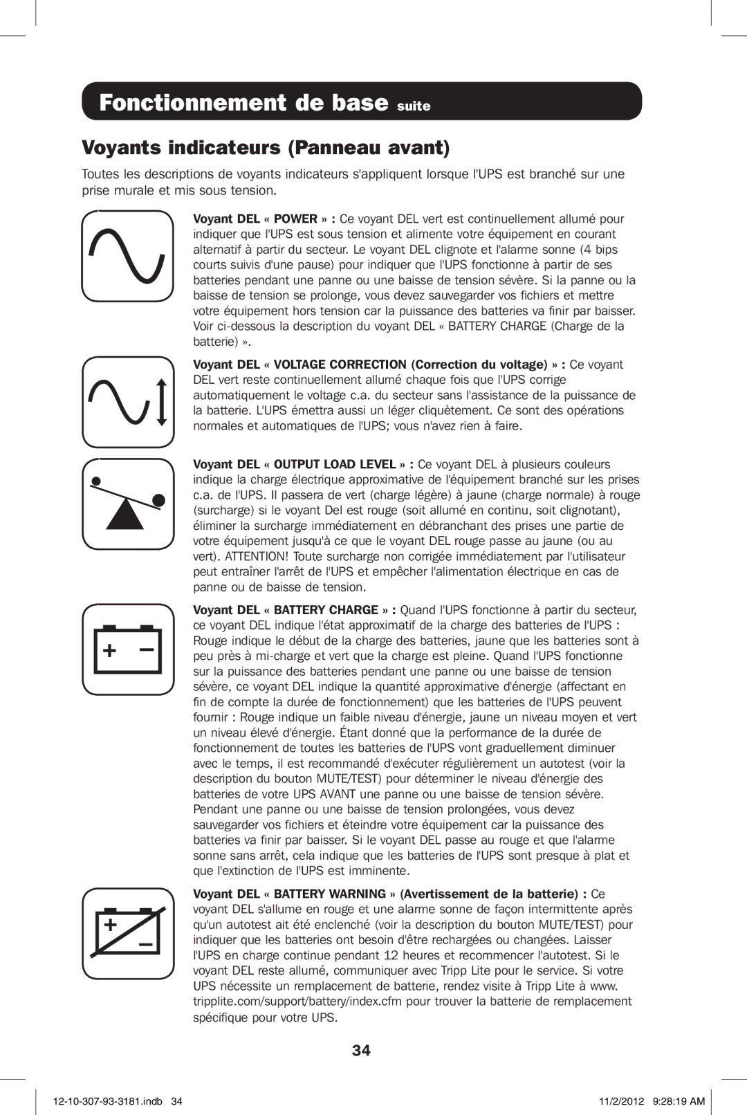 Tripp Lite SMART2500XLHG owner manual Fonctionnement de base suite, Voyants indicateurs Panneau avant 