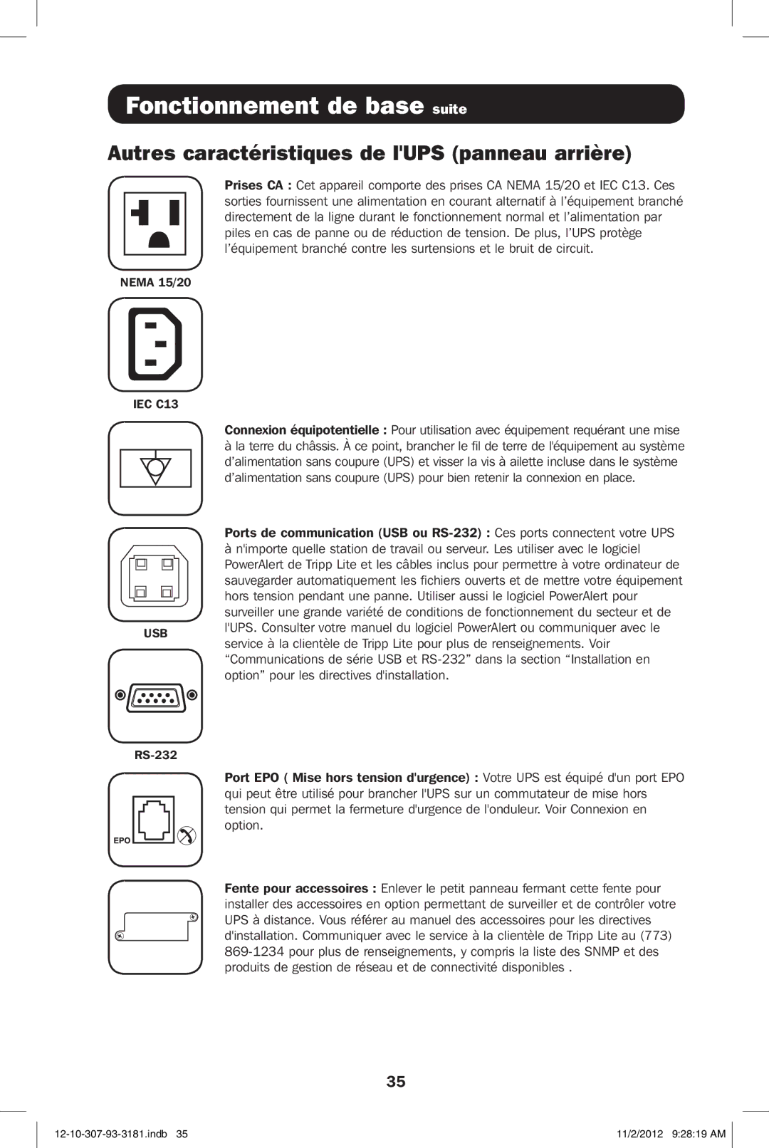 Tripp Lite SMART2500XLHG owner manual Autres caractéristiques de lUPS panneau arrière 