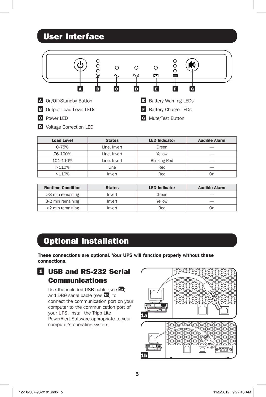 Tripp Lite SMART2500XLHG owner manual User Interface, Optional Installation, USB and RS-232 Serial Communications 