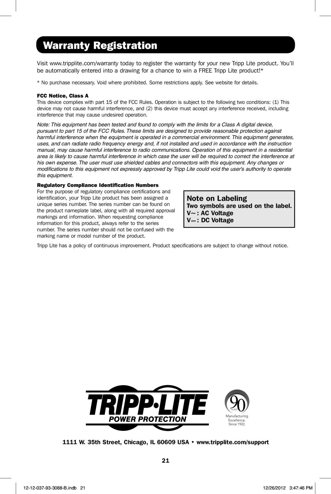 Tripp Lite SMART2200RMXL2U owner manual Warranty Registration, Two symbols are used on the label. V~ AC Voltage DC Voltage­ 