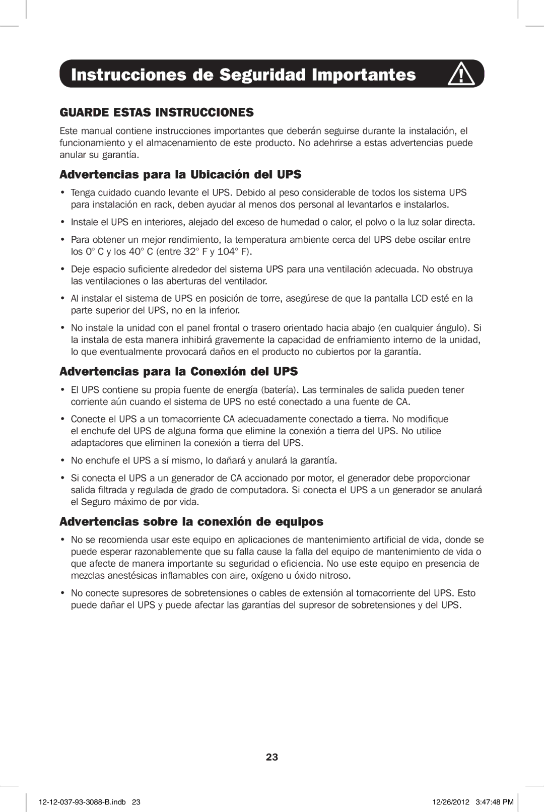 Tripp Lite SMART2200RM2U, SMART2600RM2U Instrucciones de Seguridad Importantes, Advertencias para la Ubicación del UPS 