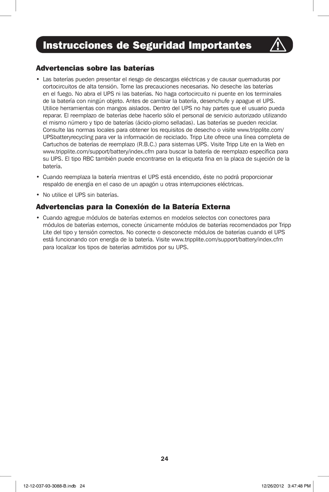 Tripp Lite SMART2600RM2U owner manual Advertencias sobre las baterías, Advertencias para la Conexión de la Batería Externa 