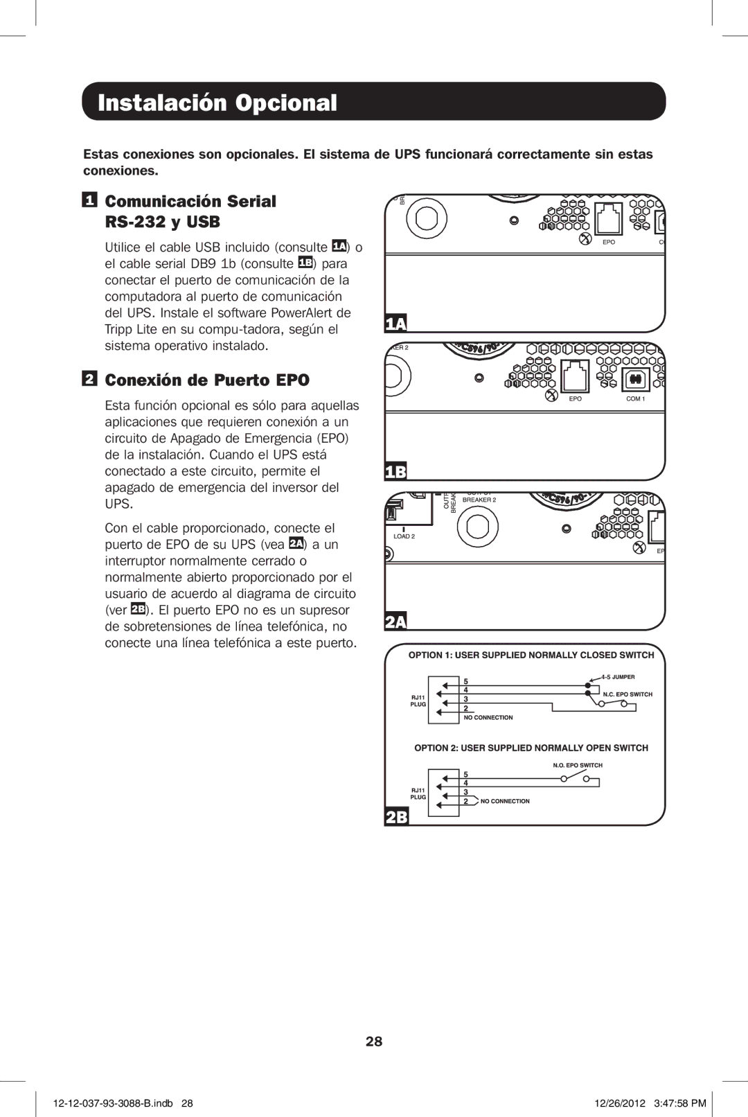 Tripp Lite SMART2200RMXL2UP, SMART2600RM2U Instalación Opcional, Comunicación Serial RS-232 y USB, Conexión de Puerto EPO 