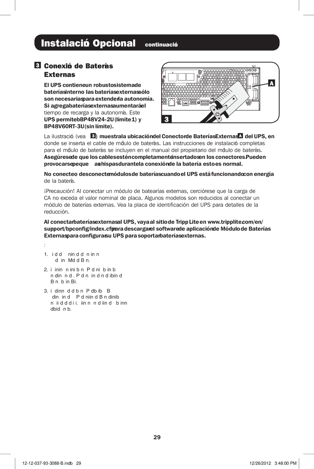 Tripp Lite SMART2200RM2U, SMART2600RM2U Instalación Opcional continuación, Conexión de Baterías Externas, Del UPS, en 