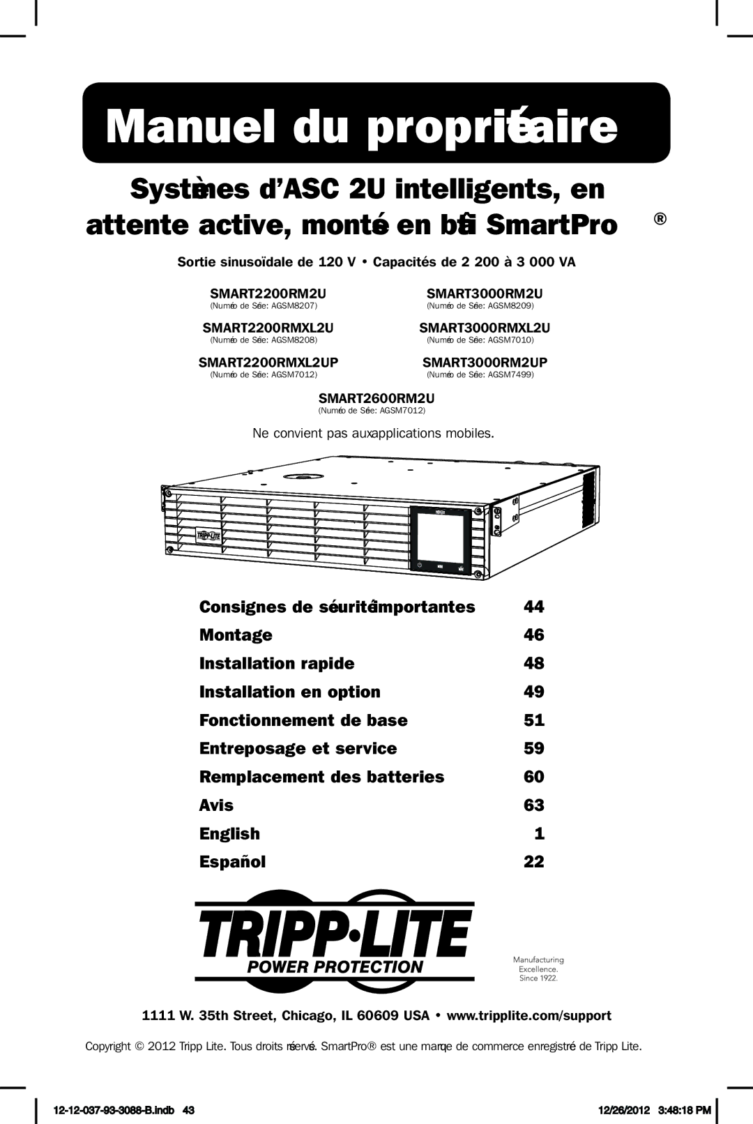 Tripp Lite SMART3000RM2UP, SMART2600RM2U, SMART3000RMXL2U Sortie sinusoïdale de 120 V Capacités de 2 200 à 3 000 VA 