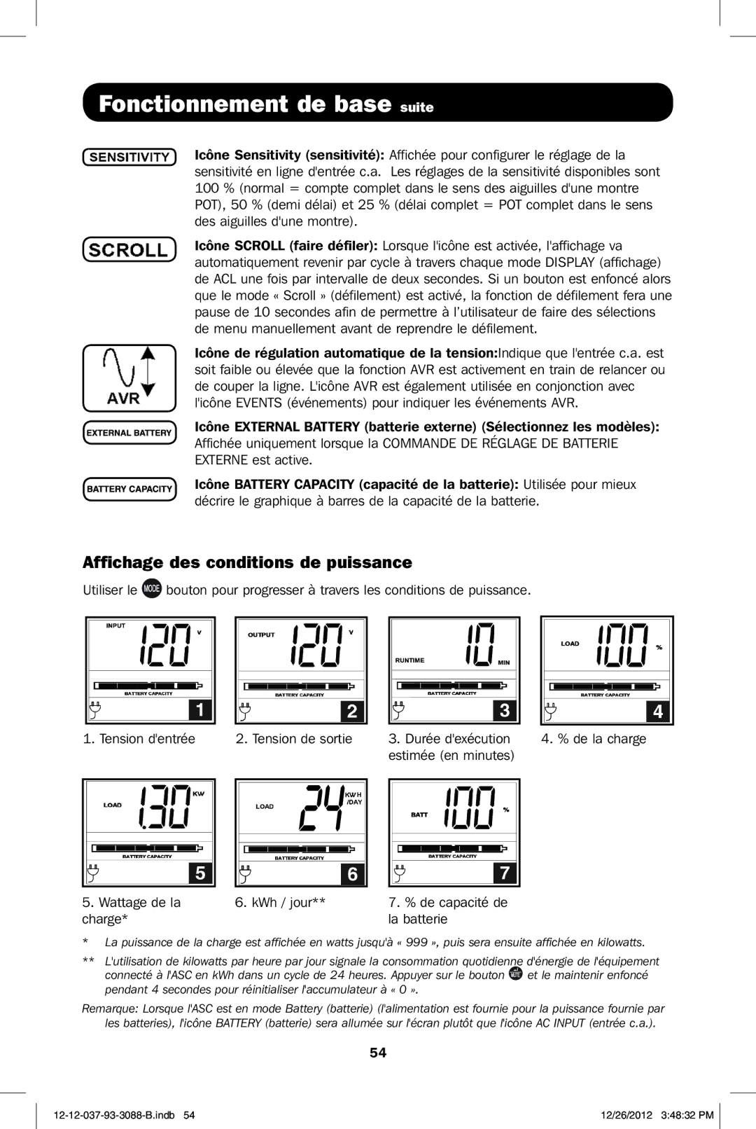 Tripp Lite SMART2600RM2U, SMART2200RM2U Affichage des conditions de puissance, Estimée en minutes Wattage de la KWh / jour 