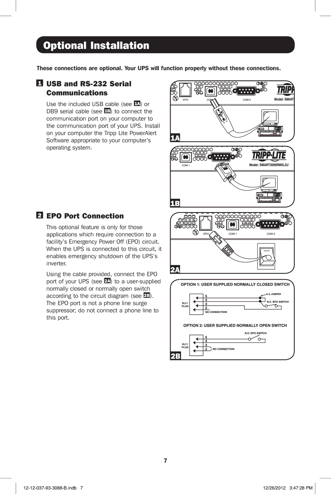 Tripp Lite SMART3000RM2UP, SMART2600RM2U Optional Installation, USB and RS-232 Serial Communications, EPO Port Connection 