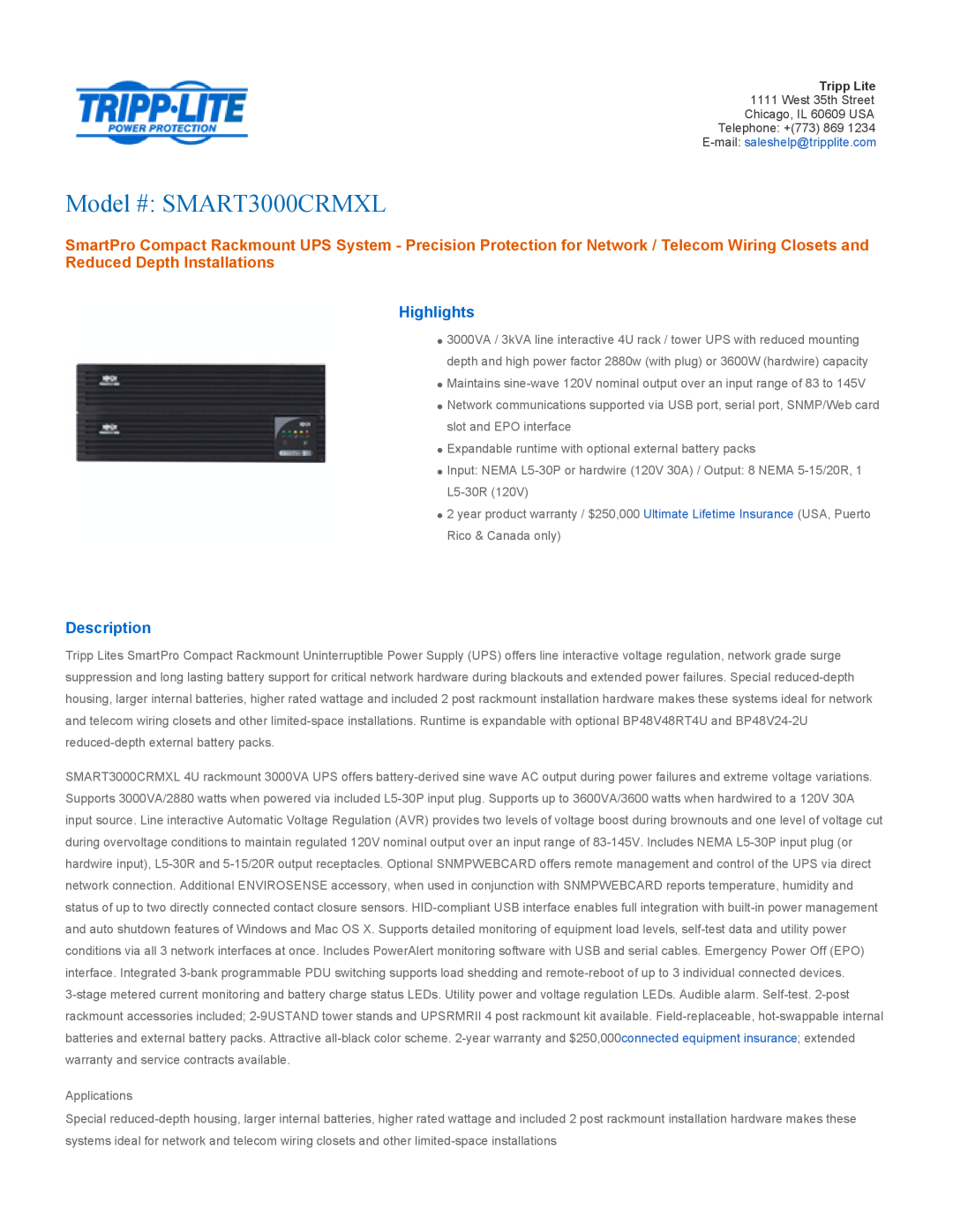 Tripp Lite warranty Highlights, Description, Model # SMART3000CRMXL 