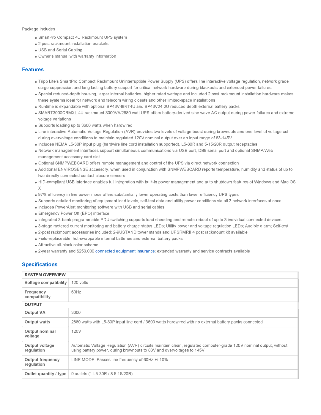 Tripp Lite SMART3000CRMXL warranty Features, Specifications, System Overview, Output 
