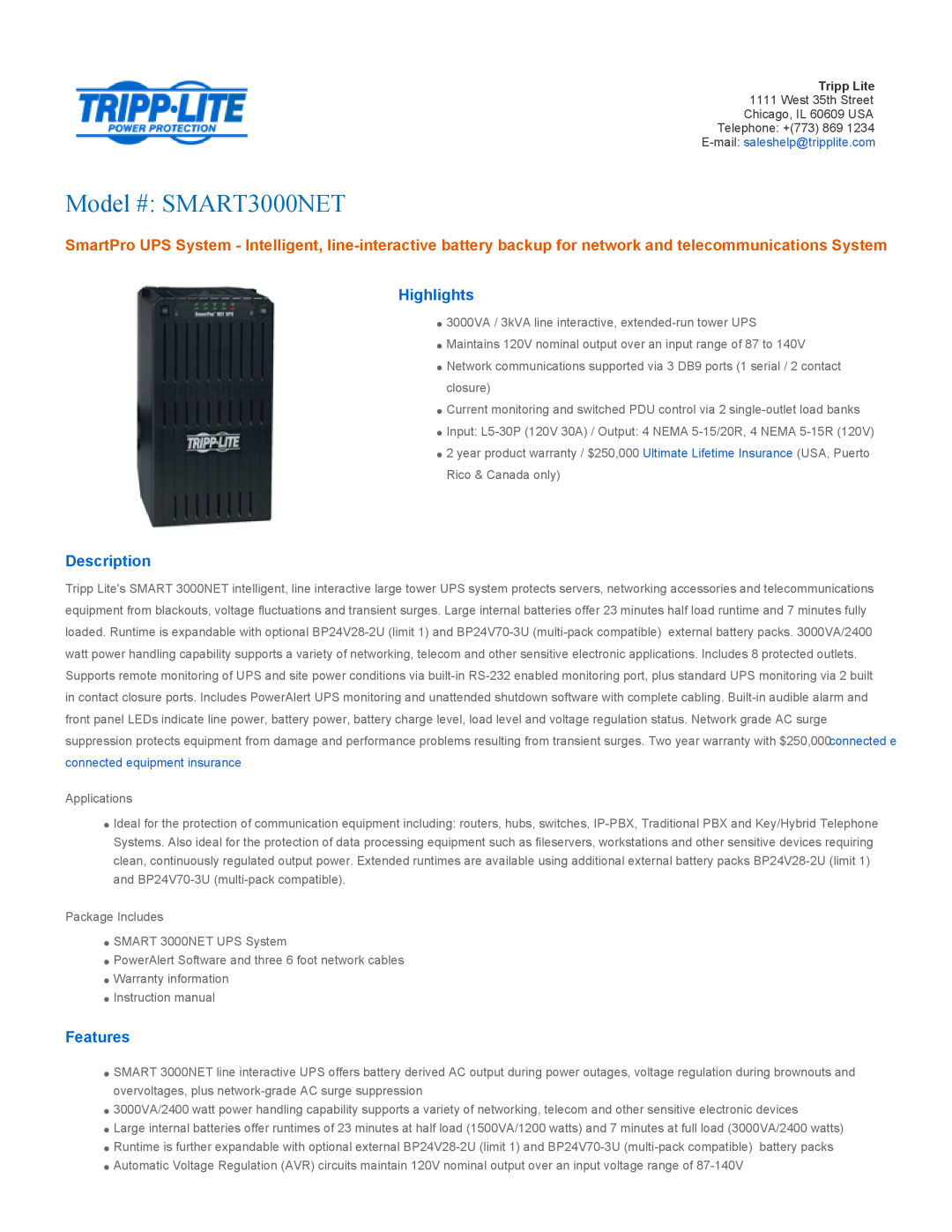 Tripp Lite warranty Highlights, Description, Features, Model # SMART3000NET, connected equipment insurance 