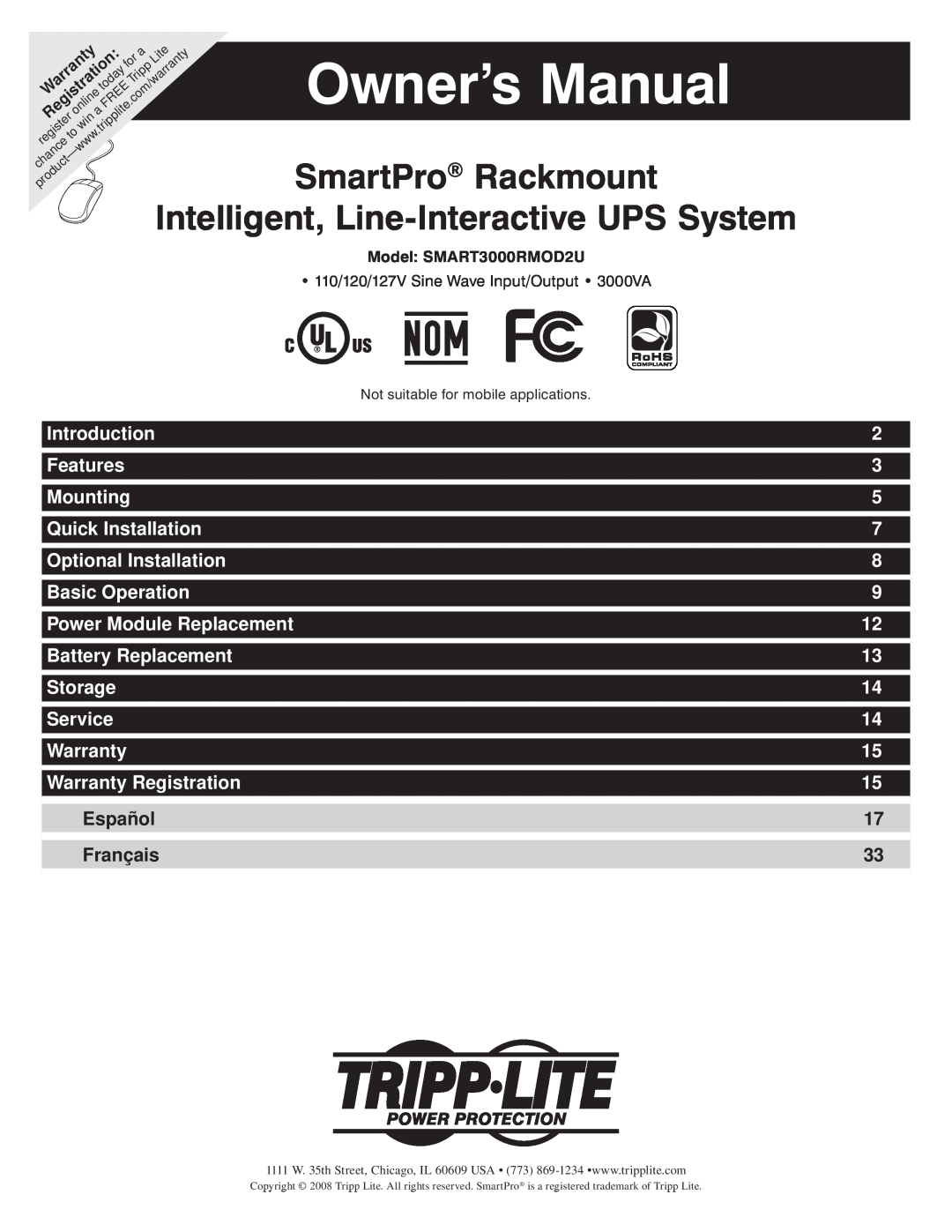 Tripp Lite SMART3000RMOD2U owner manual Owner’s Manual, SmartPro Rackmount, Intelligent, Line-Interactive UPS System 