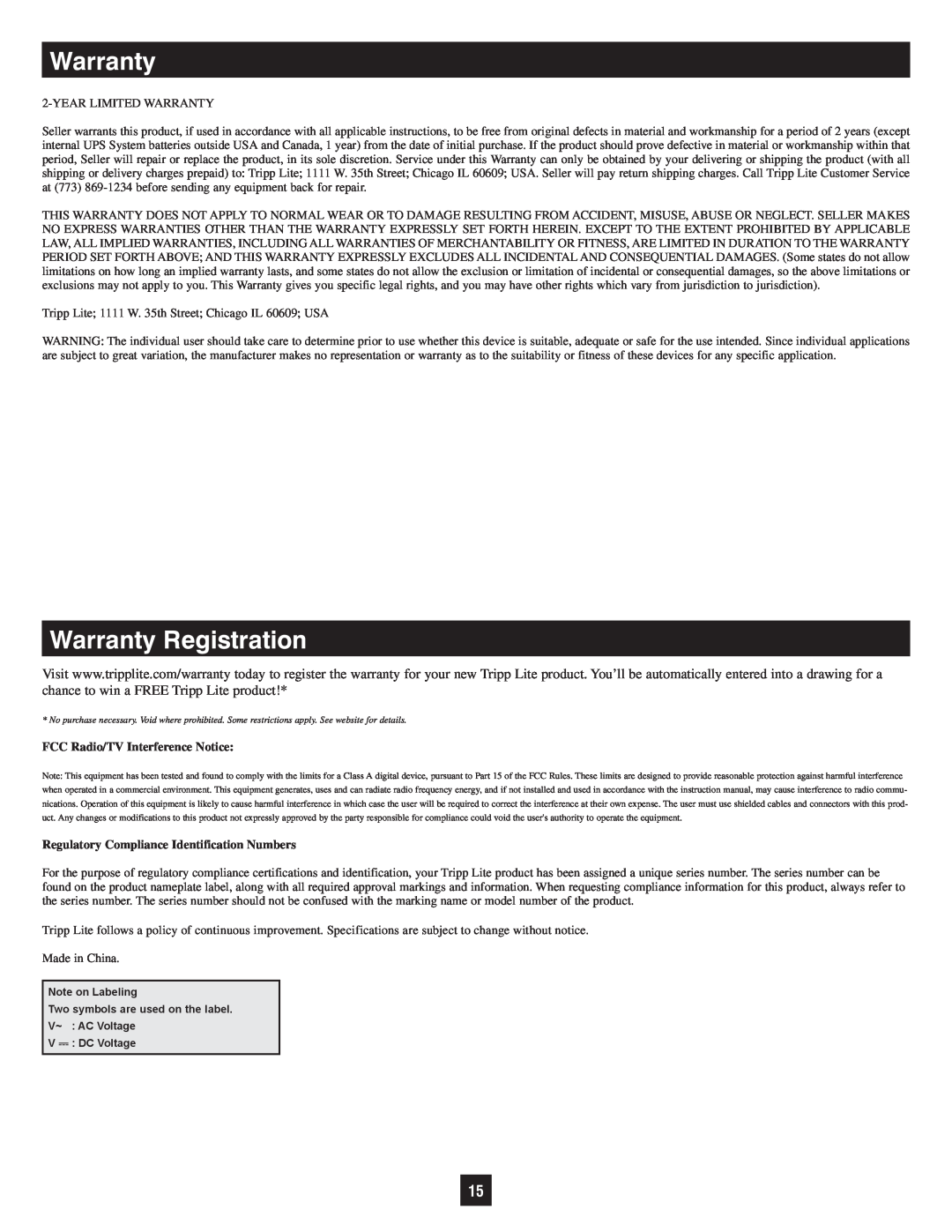 Tripp Lite SMART3000RMOD2U owner manual Warranty Registration, FCC Radio/TV Interference Notice 