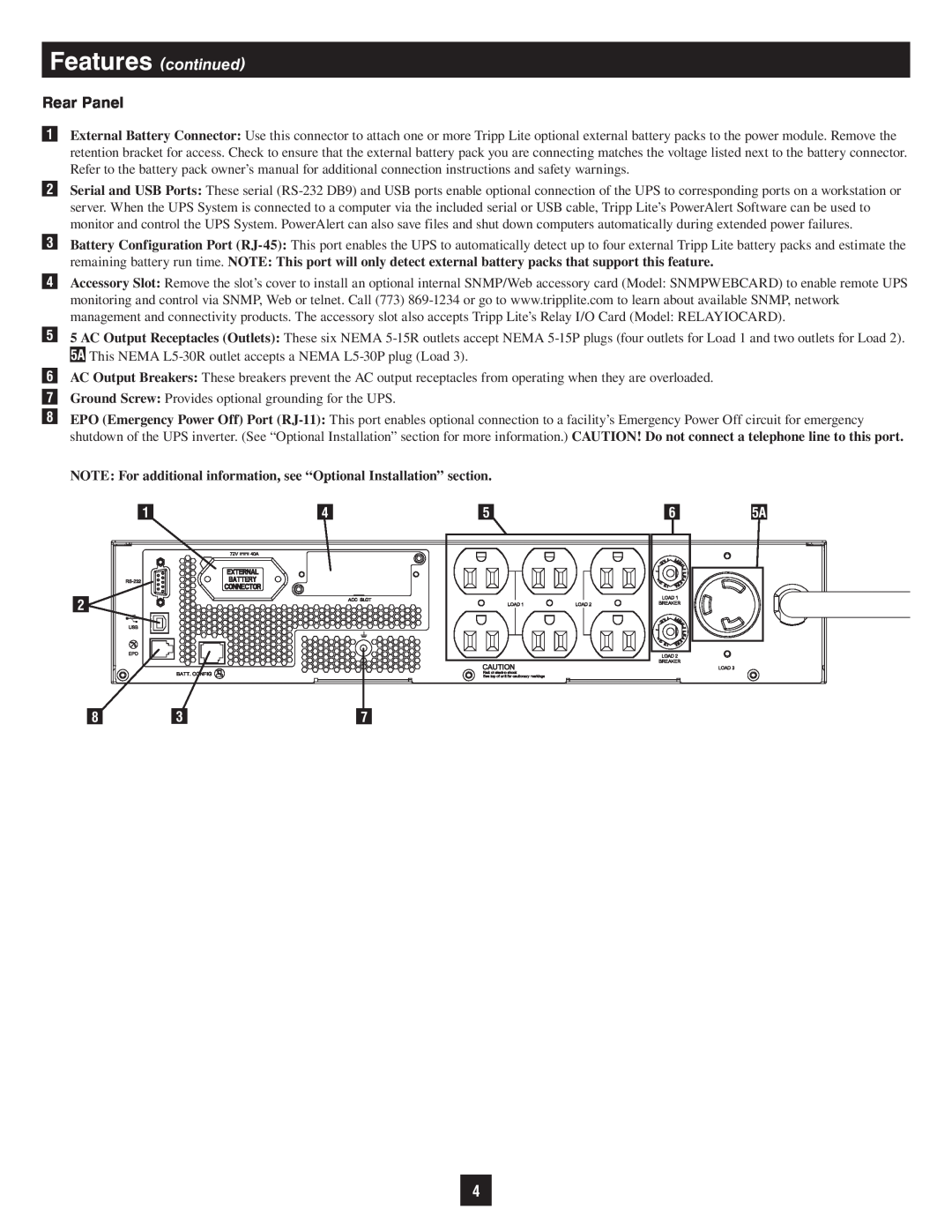 Tripp Lite SMART3000RMOD2U owner manual Features continued, Rear Panel 