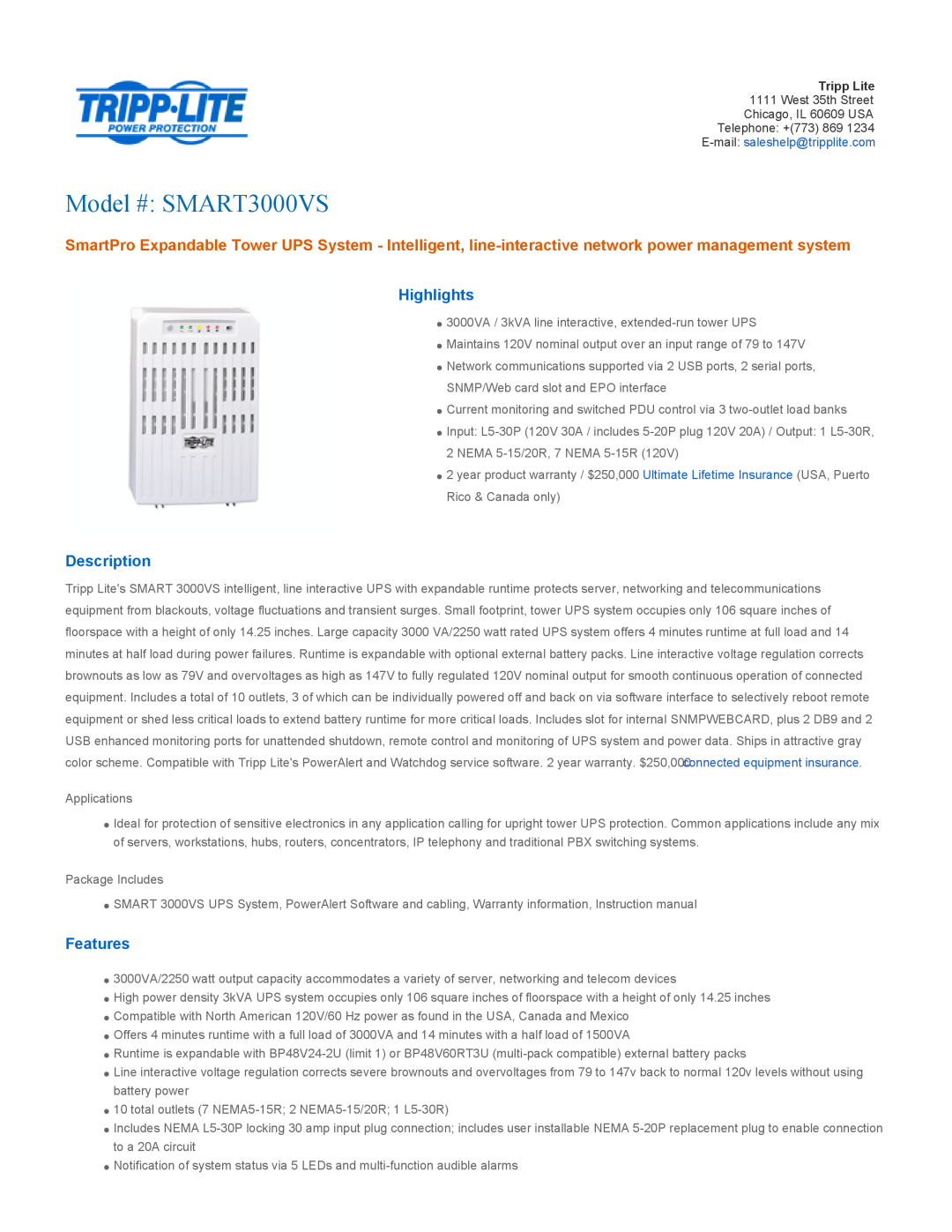 Tripp Lite warranty Highlights, Description, Features, Model # SMART3000VS 