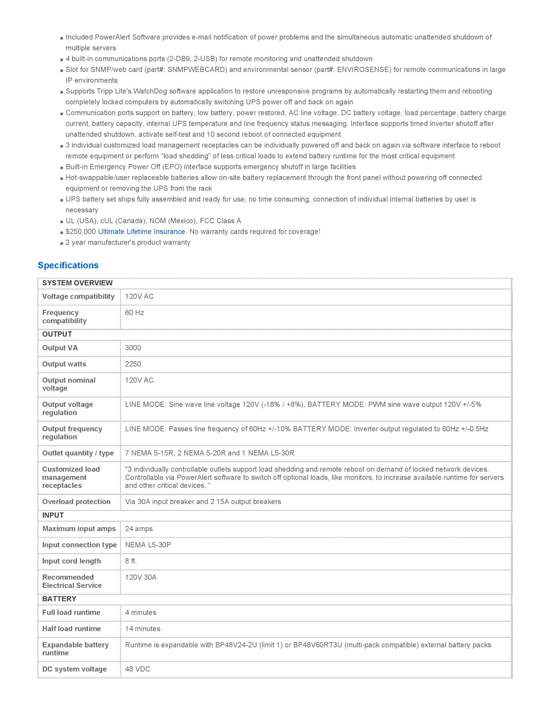 Tripp Lite SMART3000VS warranty Specifications, System Overview, Output, Input, Battery 