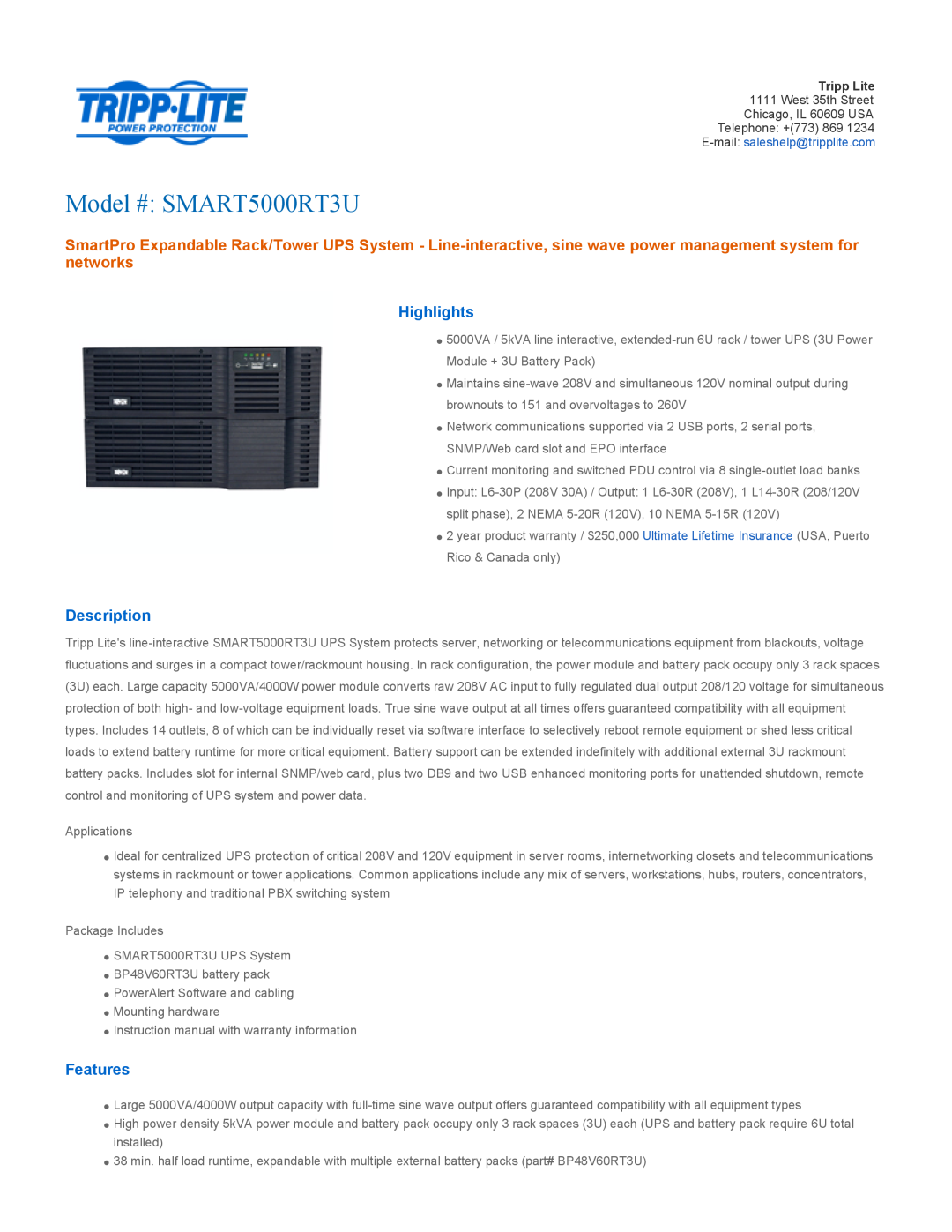 Tripp Lite warranty Highlights, Description, Features, Model # SMART5000RT3U 