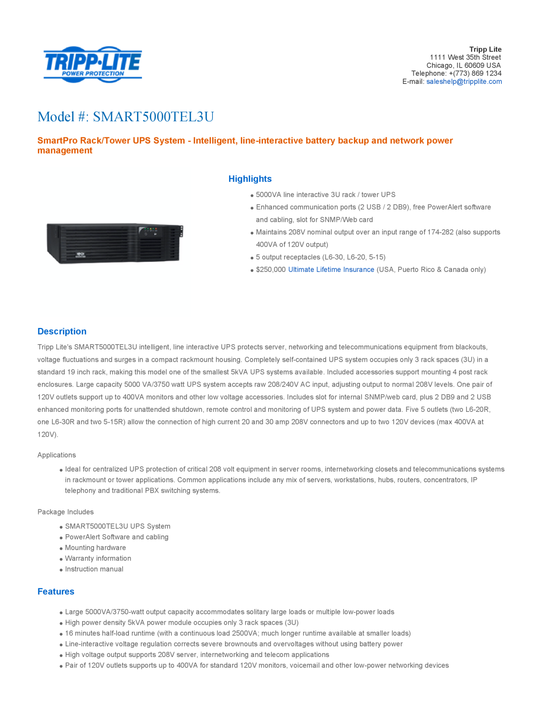 Tripp Lite warranty Highlights, Description, Features, Model # SMART5000TEL3U 
