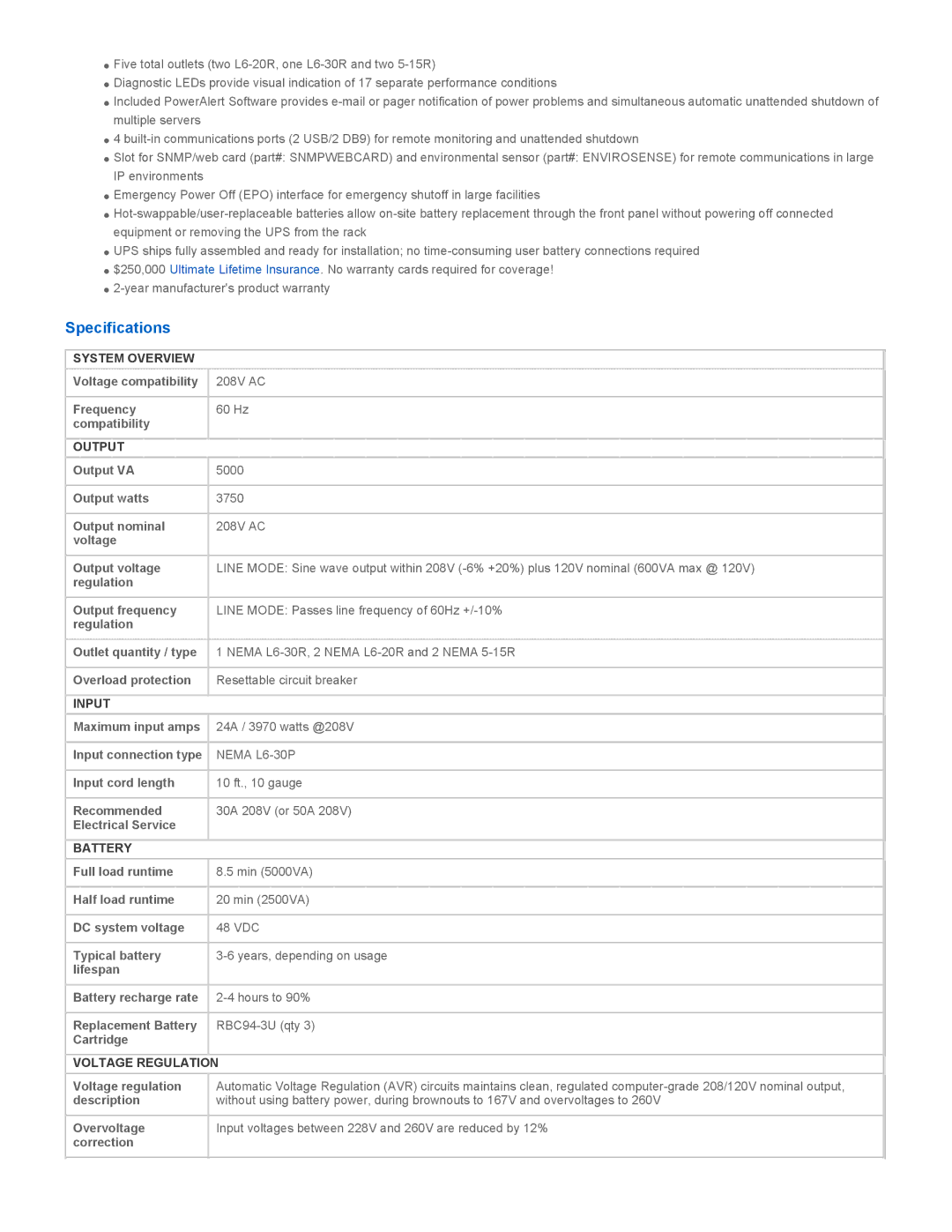 Tripp Lite SMART5000TEL3U warranty Specifications 