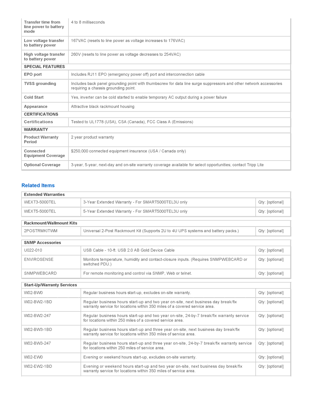 Tripp Lite SMART5000TEL3U warranty Related Items, Special Features, Certifications, Warranty 