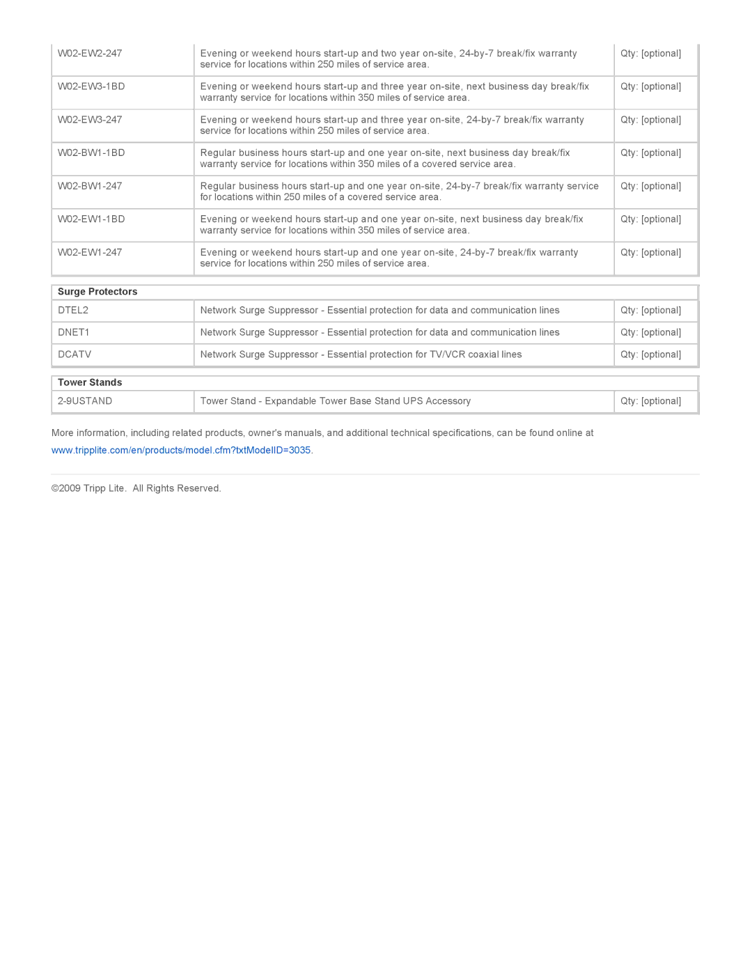 Tripp Lite SMART5000TEL3U warranty Surge Protectors, DTEL2 DNET1 Dcatv, Tower Stands, 9USTAND 