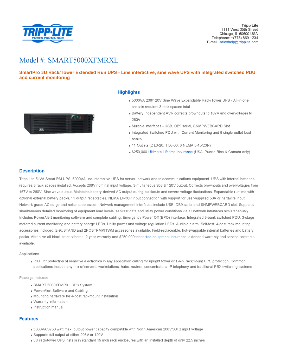 Tripp Lite SMART5000XFMRXL warranty Highlights, Description, Features 