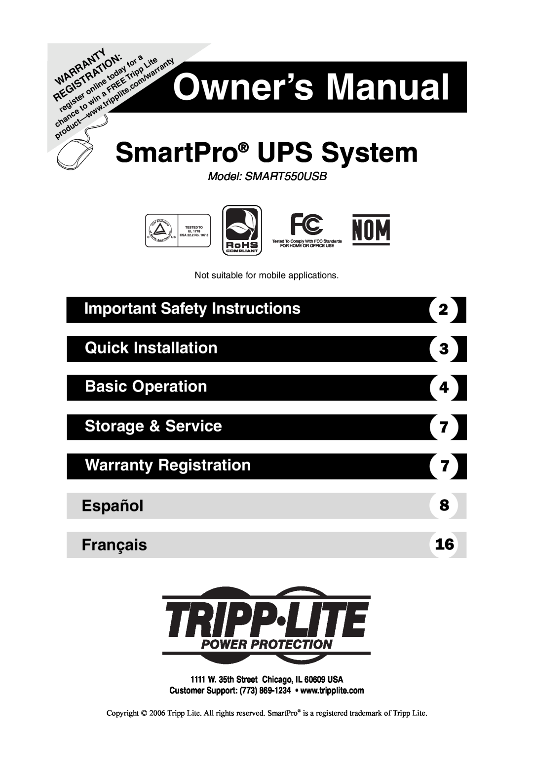 Tripp Lite SMART550USB owner manual Owner’s Manual, SmartPro UPS System, Important Safety Instructions, Quick Installation 