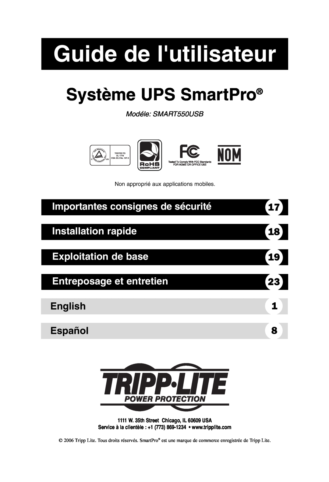 Tripp Lite SMART550USB Guide de lutilisateur, Système UPS SmartPro, Importantes consignes de sécurité, Installation rapide 
