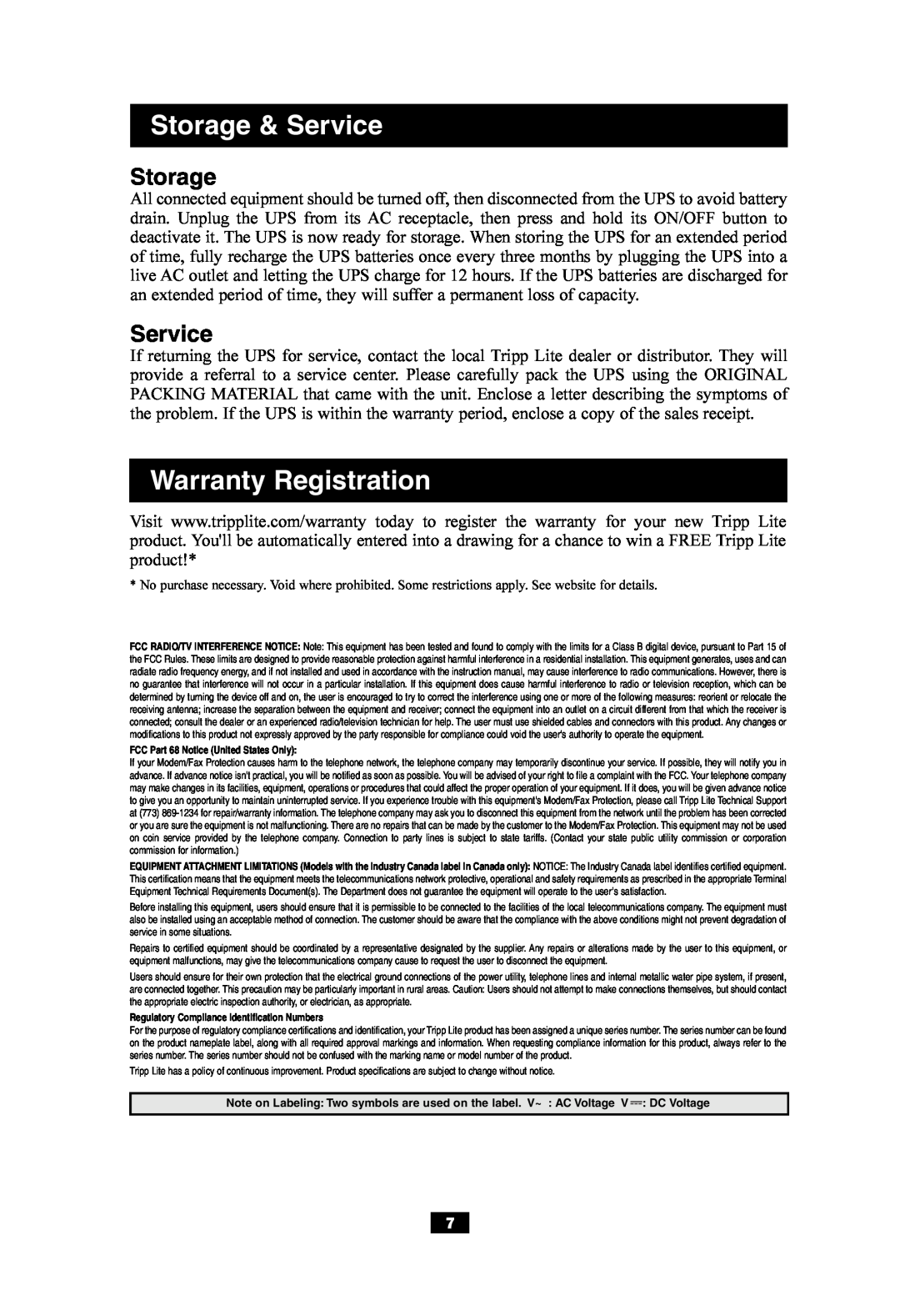 Tripp Lite SMART550USB owner manual Storage & Service, Warranty Registration, FCC Part 68 Notice United States Only 