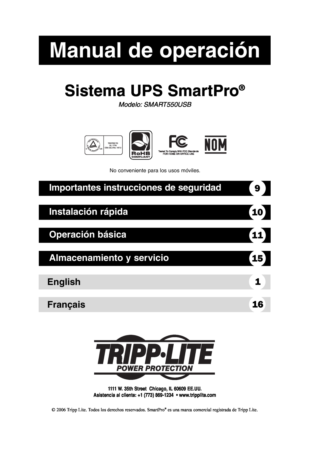 Tripp Lite SMART550USB Manual de operación, Sistema UPS SmartPro, Importantes instrucciones de seguridad, Operación básica 
